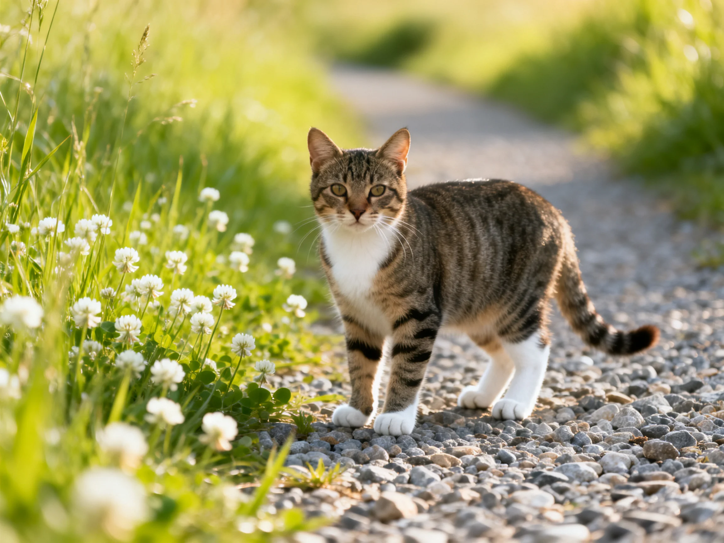 A tabby cat with white paws walks along a gravel path beside clover