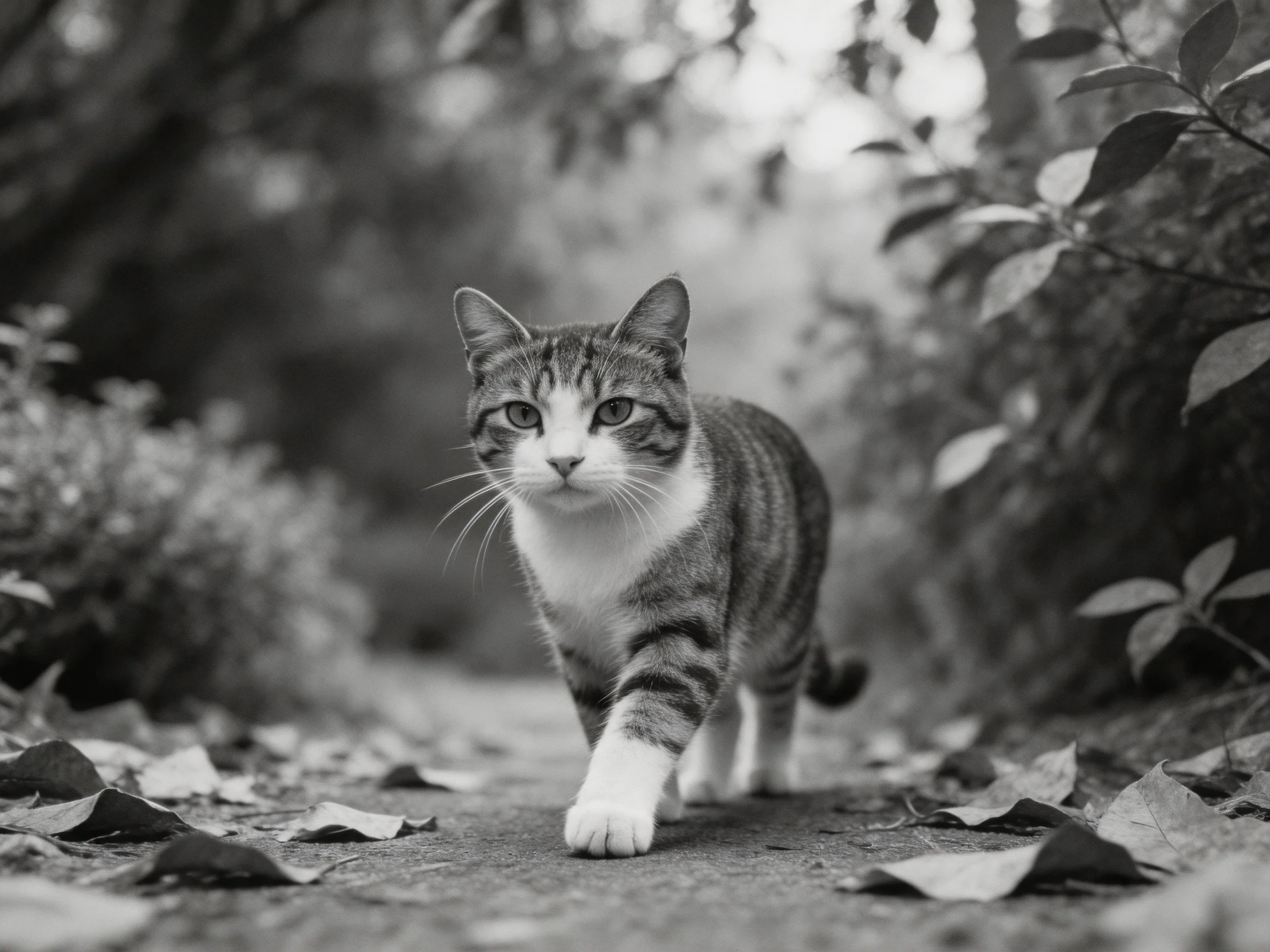 A tabby cat with white paws walks along a leaf-strewn path