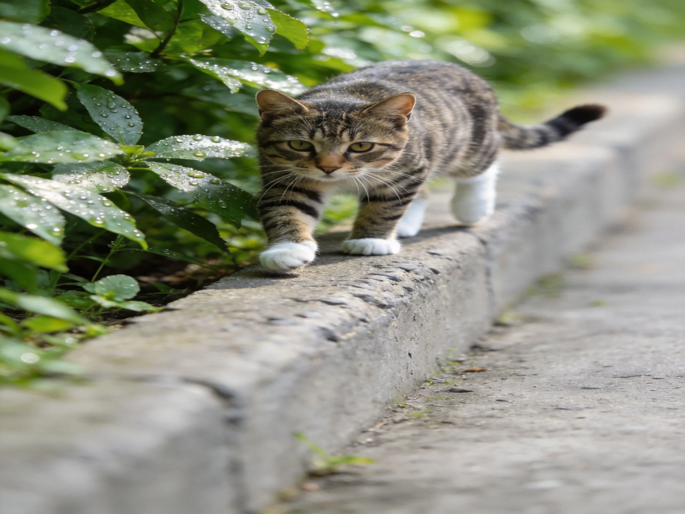 A tabby cat with white paws walks along a stone curb near dewy green foliage
