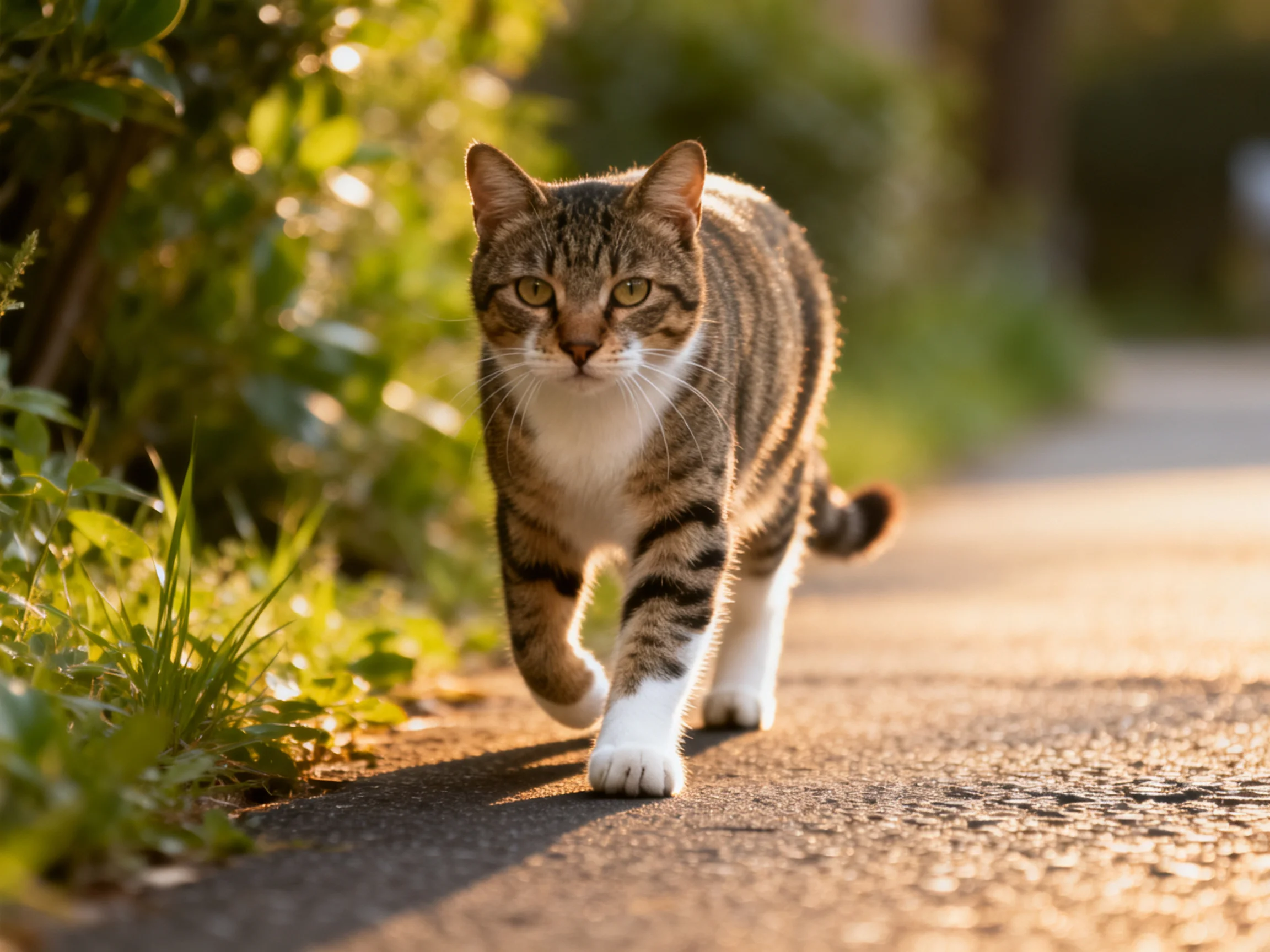 A tabby cat with white paws walks along a sunlit path beside lush greenery