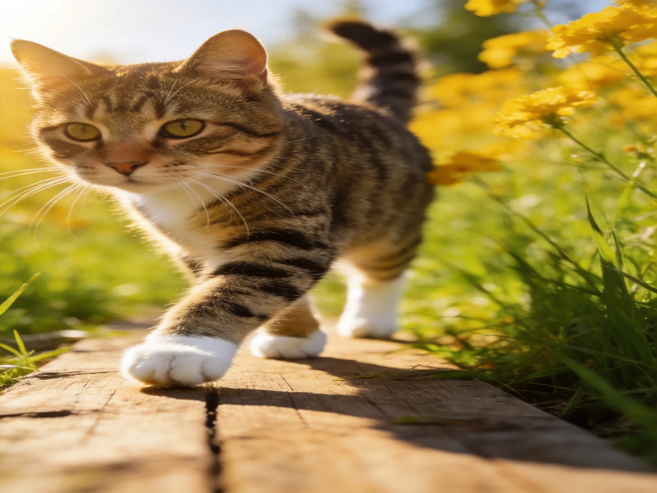 A tabby cat with white paws walks on a wooden plank near yellow flowers
