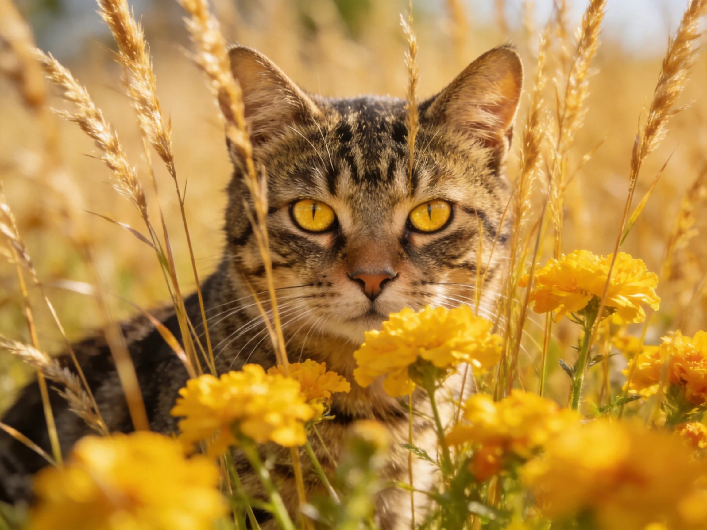 A tabby cat with bright yellow eyes is nestled among golden grasses and yellow blooms.