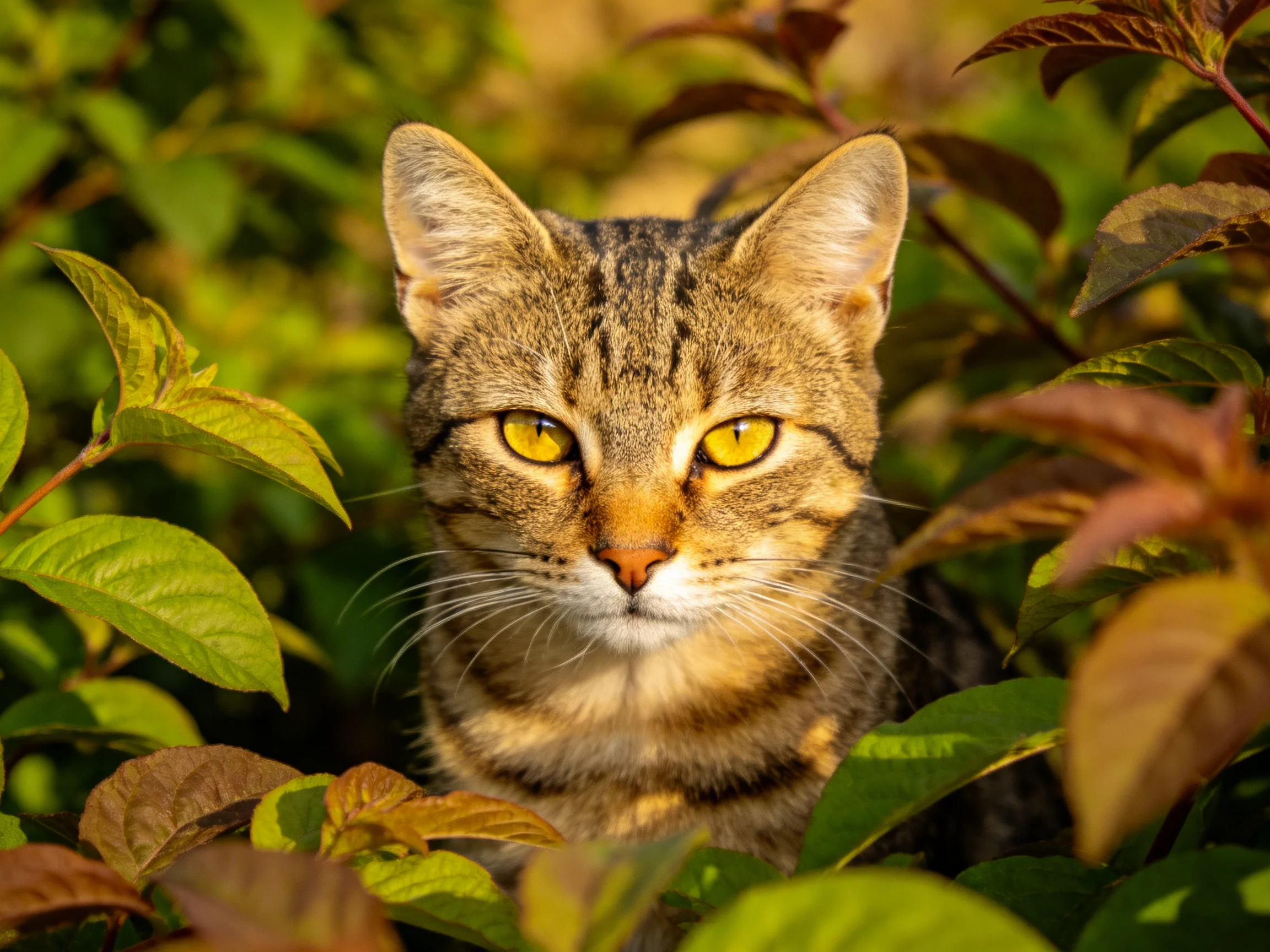 A tabby cat with yellow eyes amidst green and amber foliage