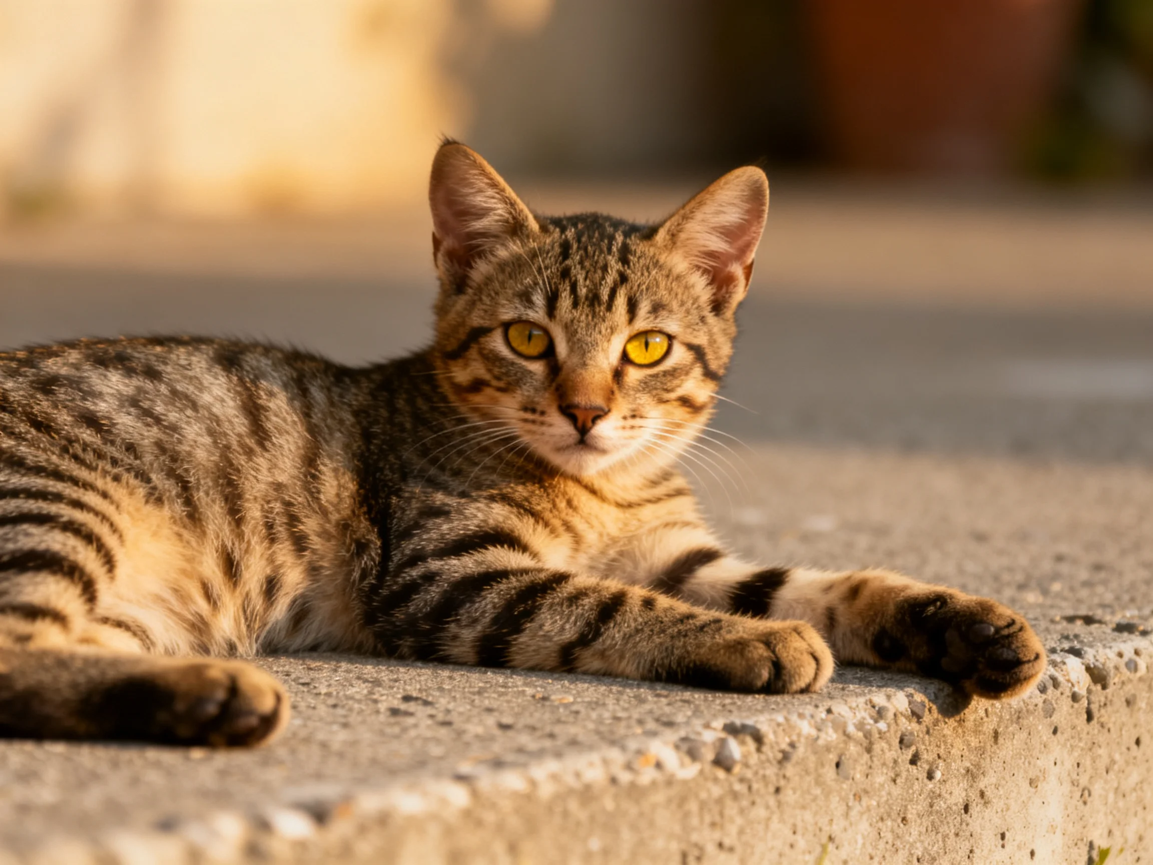 A tabby cat with yellow eyes relaxes on a sunlit concrete area.