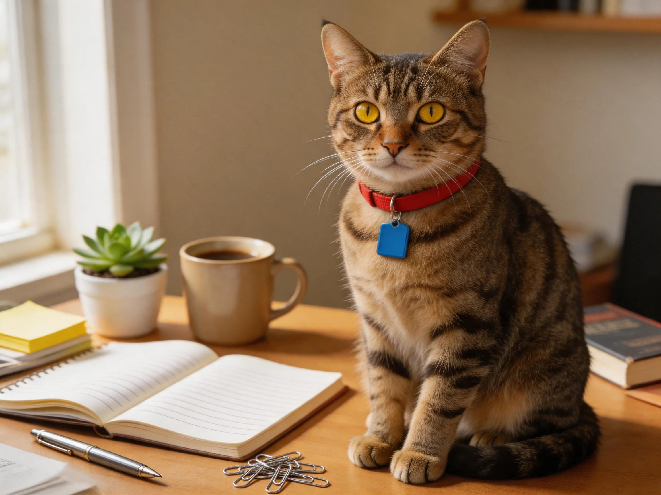 A tabby cat sits on a wooden desk with office supplies.