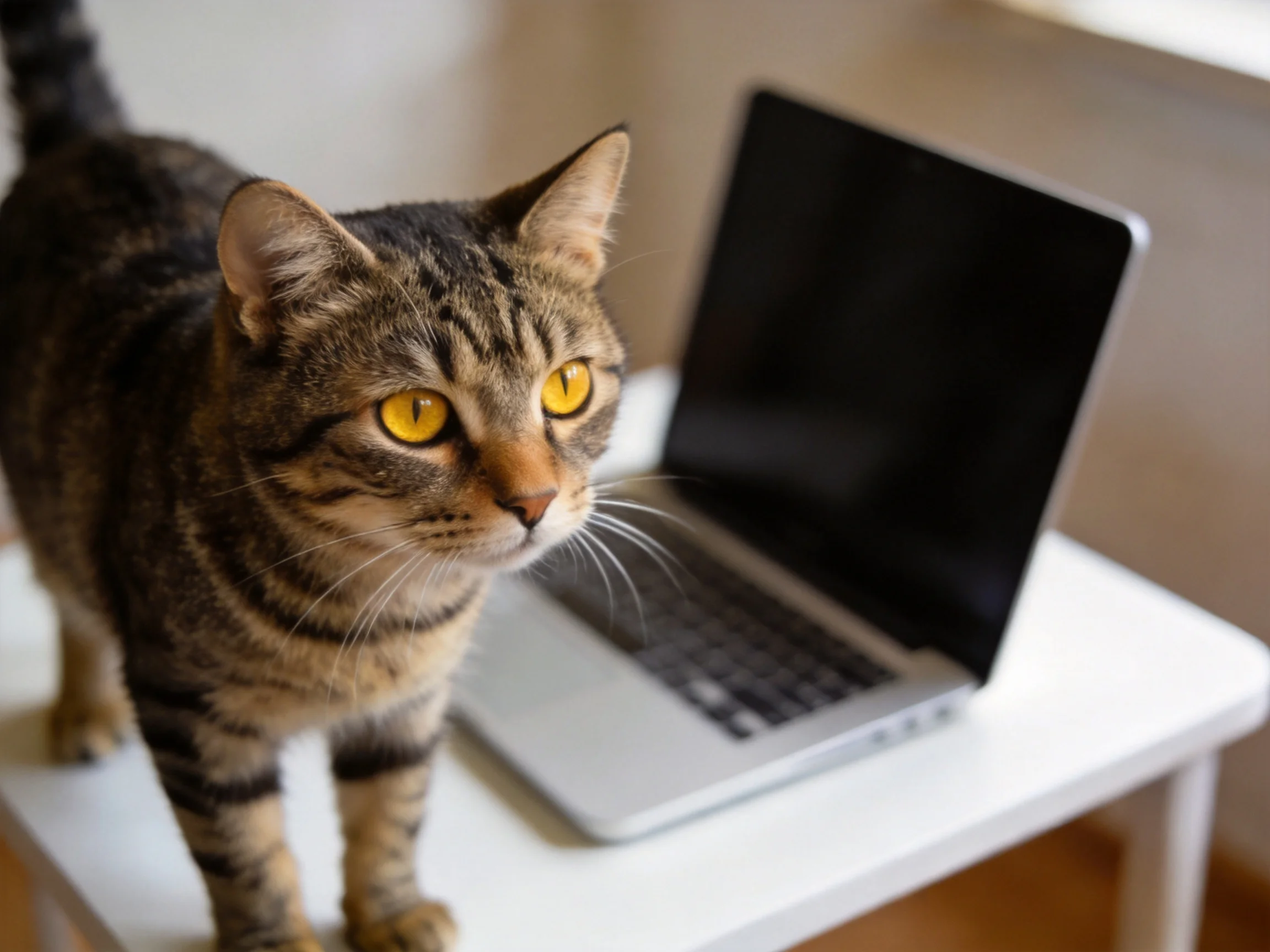 A tabby cat stands beside an open laptop on a white table