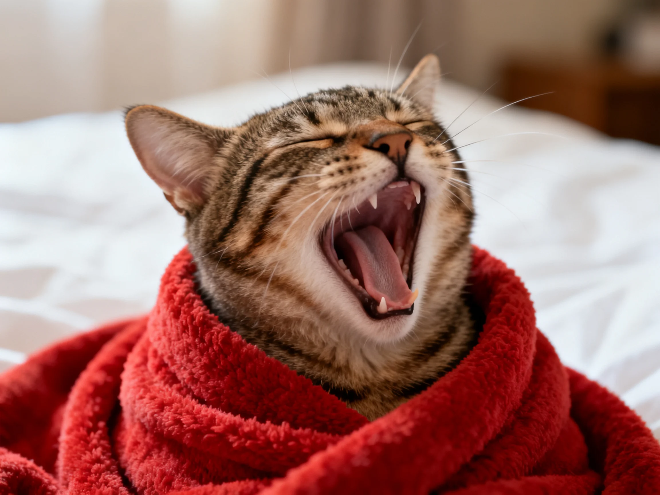A tabby cat wrapped in a red towel yawns contentedly on white bedding