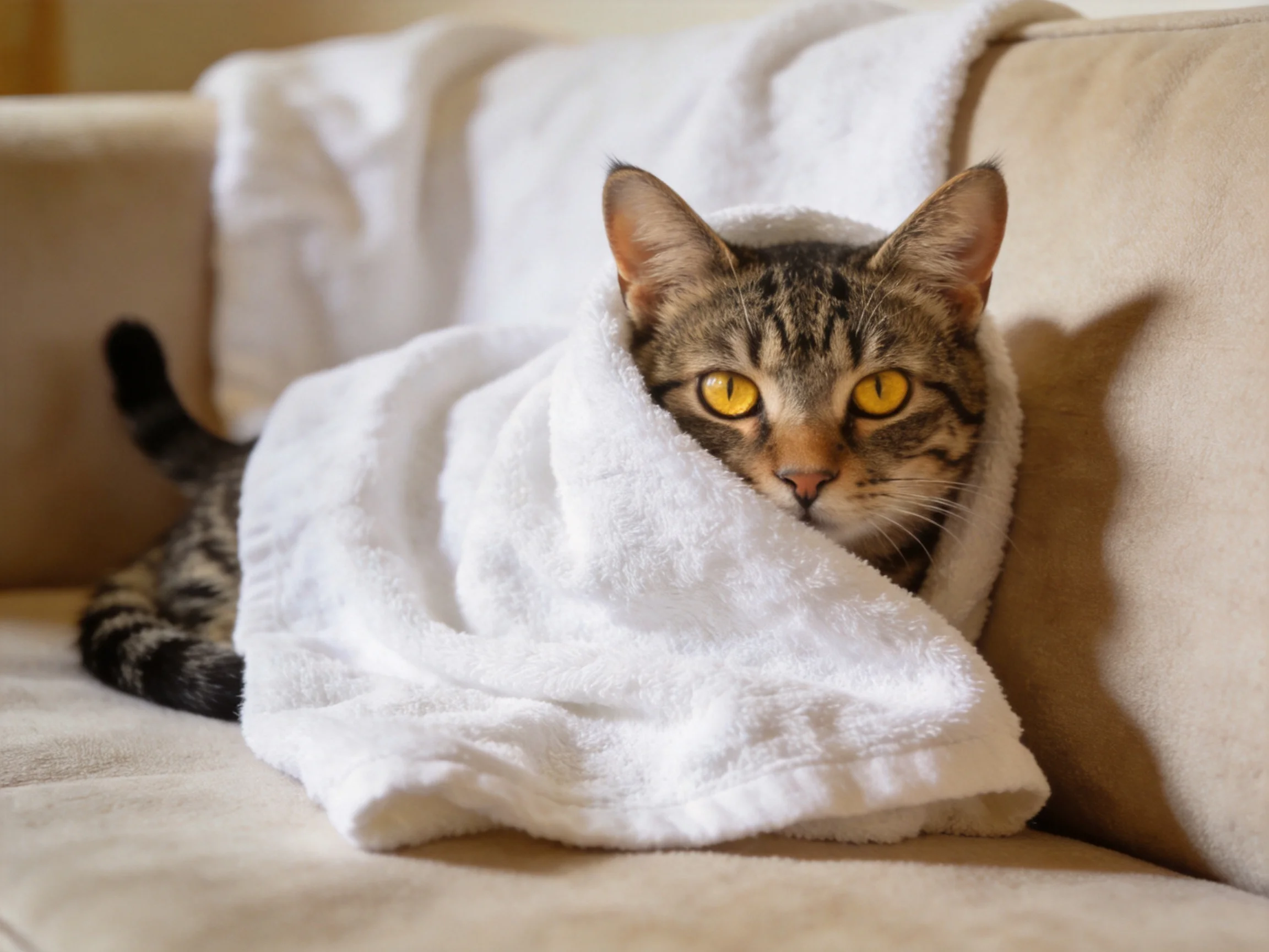 A tabby cat wrapped in a white towel on a beige couch