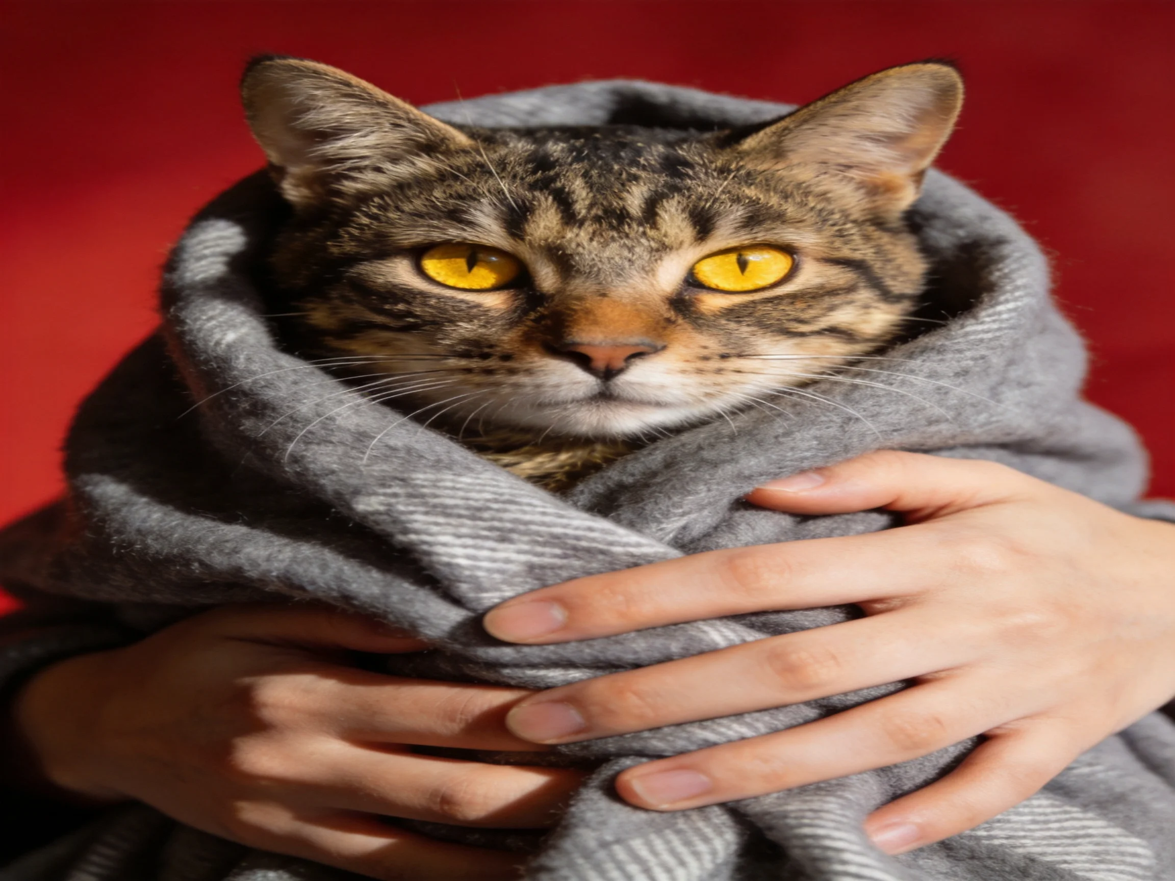 A tabby cat wrapped in gray fabric with bright yellow eyes
