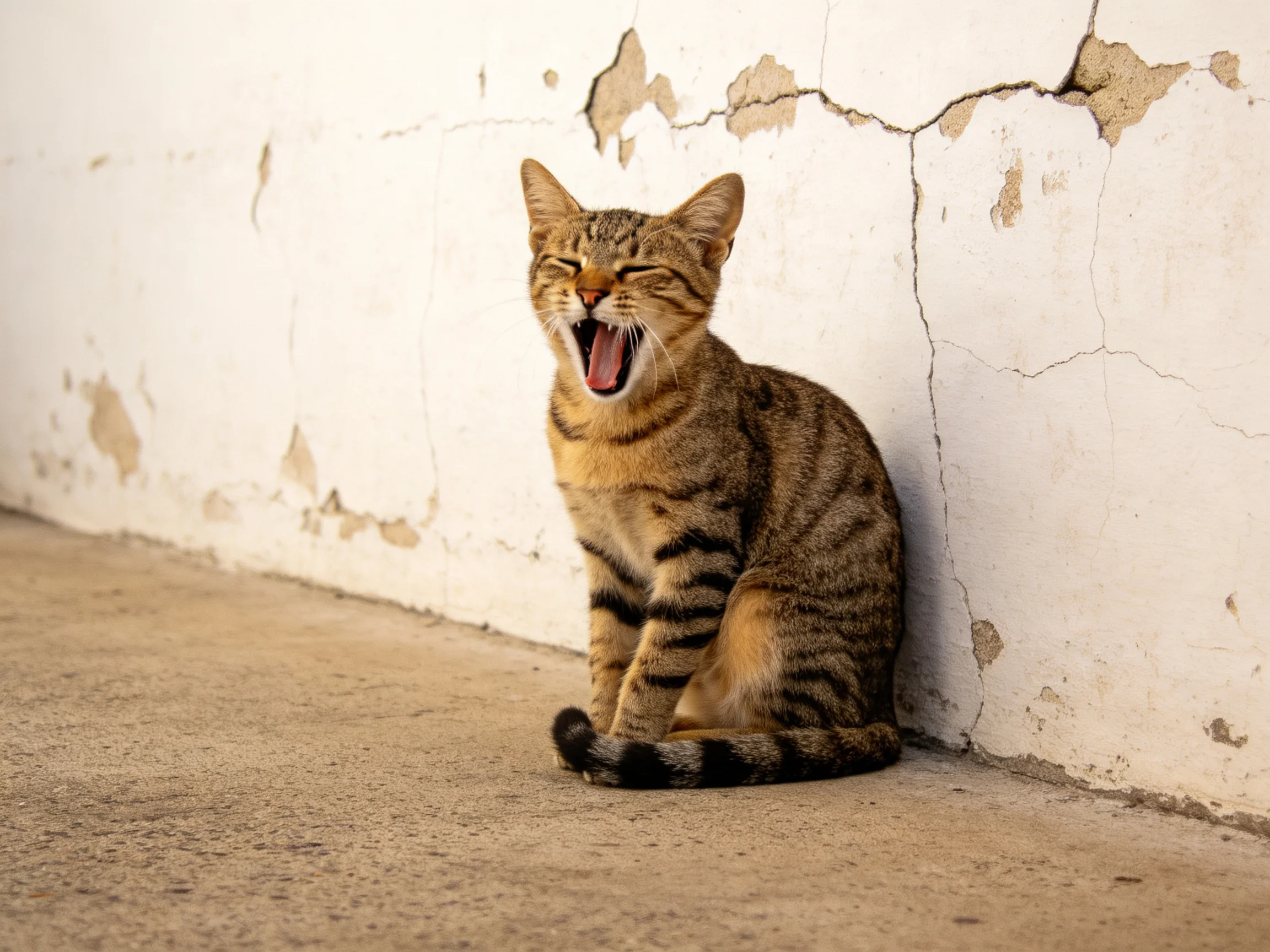 A tabby cat yawning beside a cracked white peeling wall