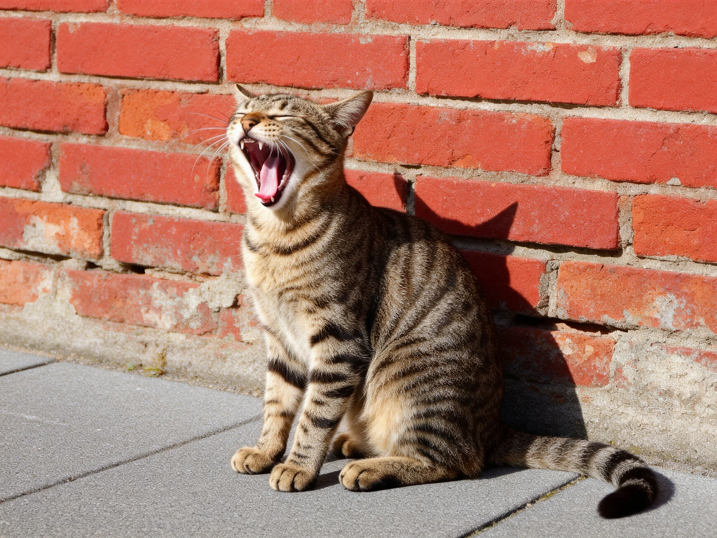 A tabby cat yawning beside a weathered red brick wall