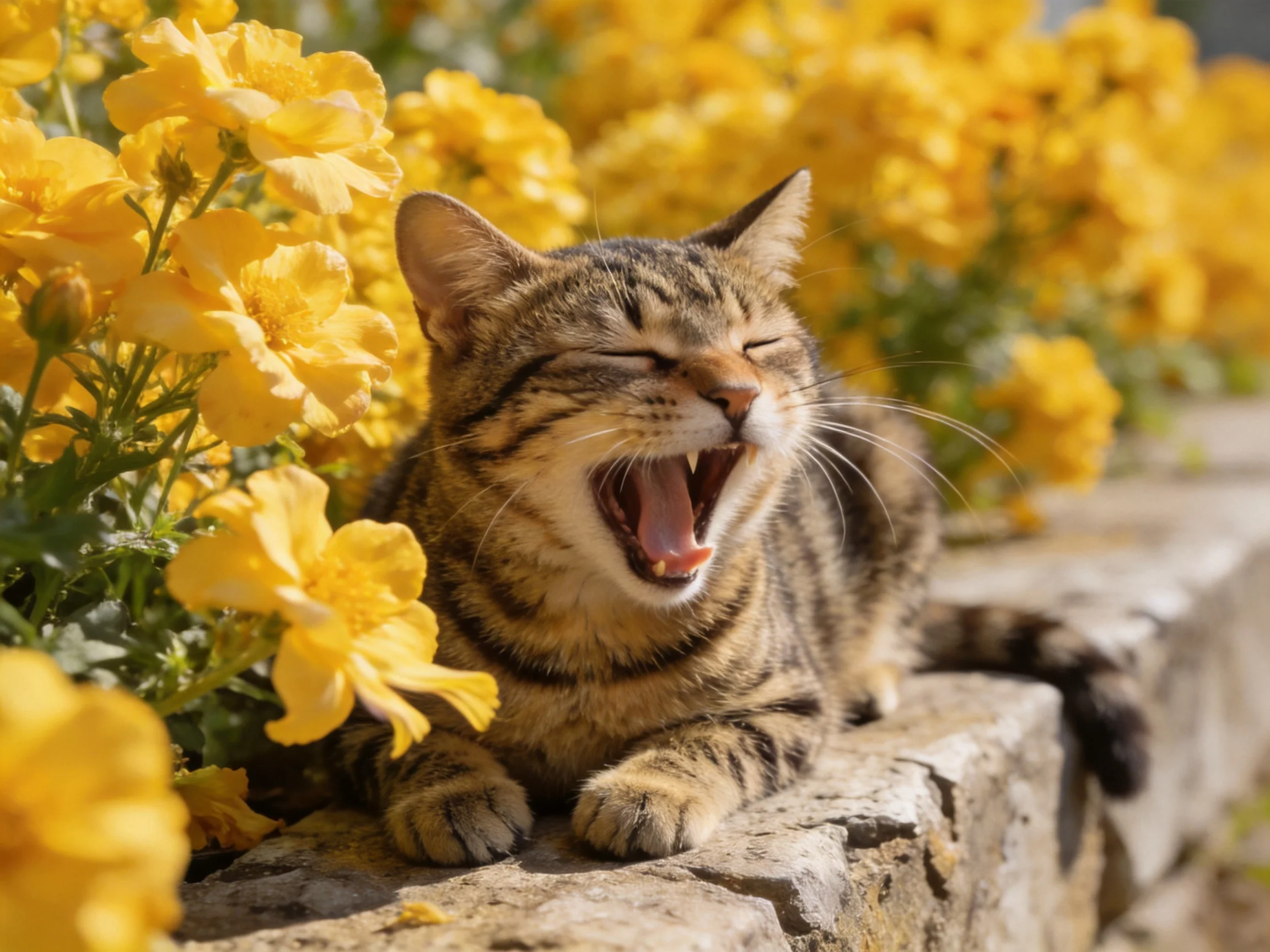 A tabby cat yawns near bright yellow flowers on a stone ledge.