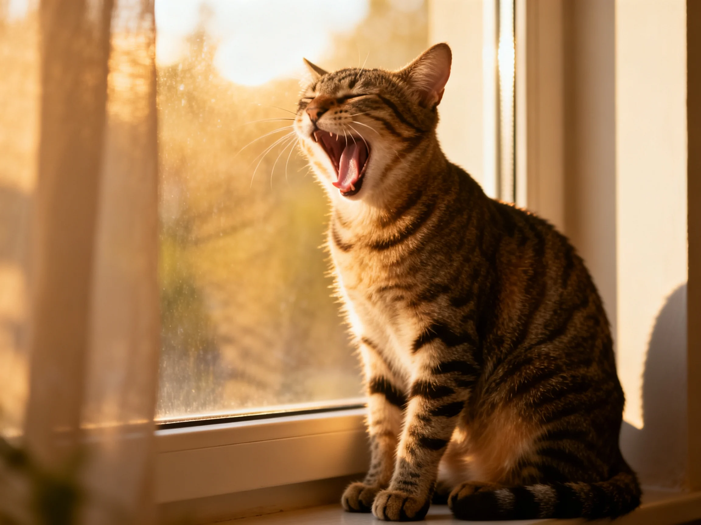A tabby cat yawning by a sunlit window with golden curtains