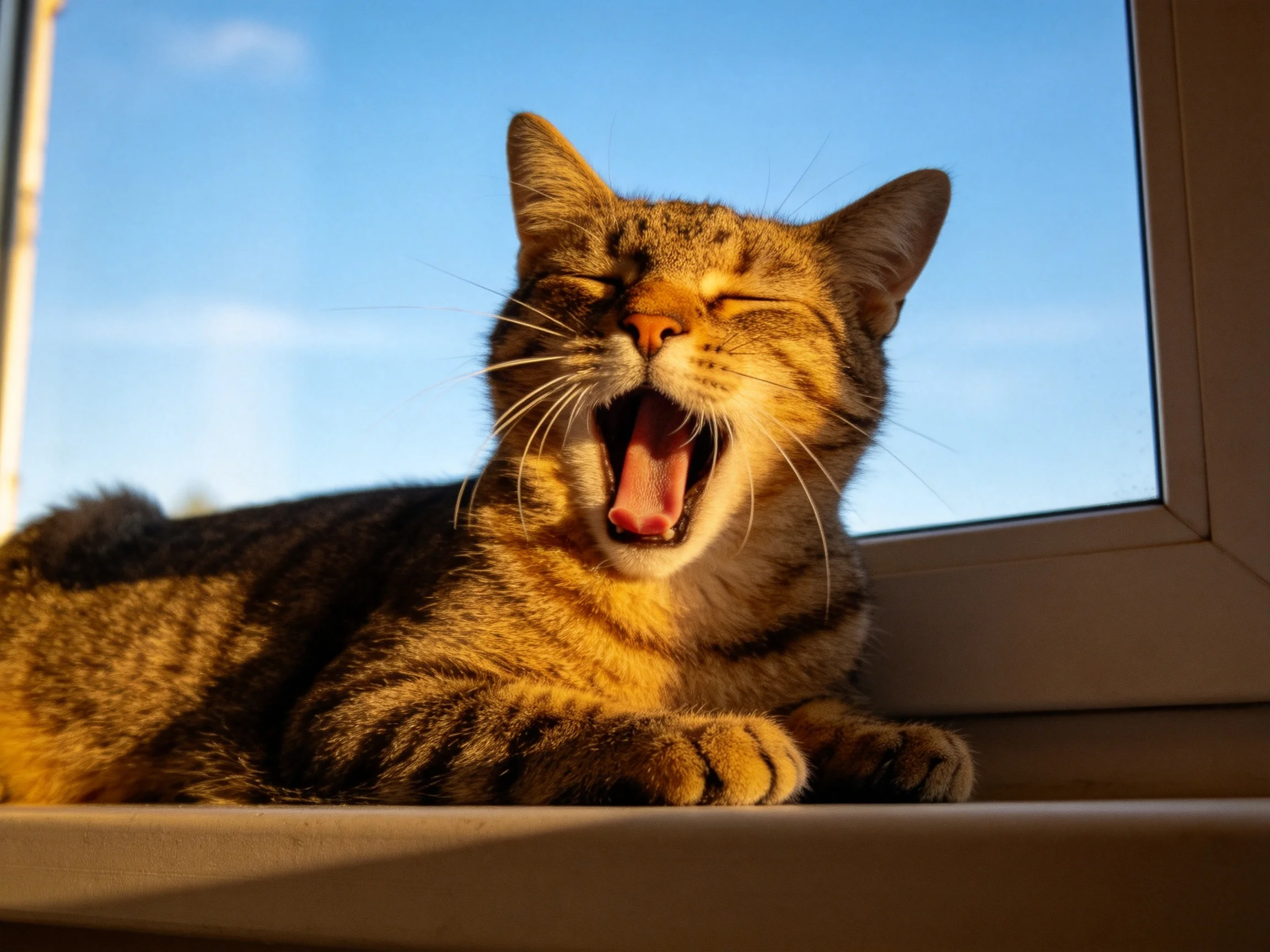 A tabby cat yawning by a window with clear blue sky