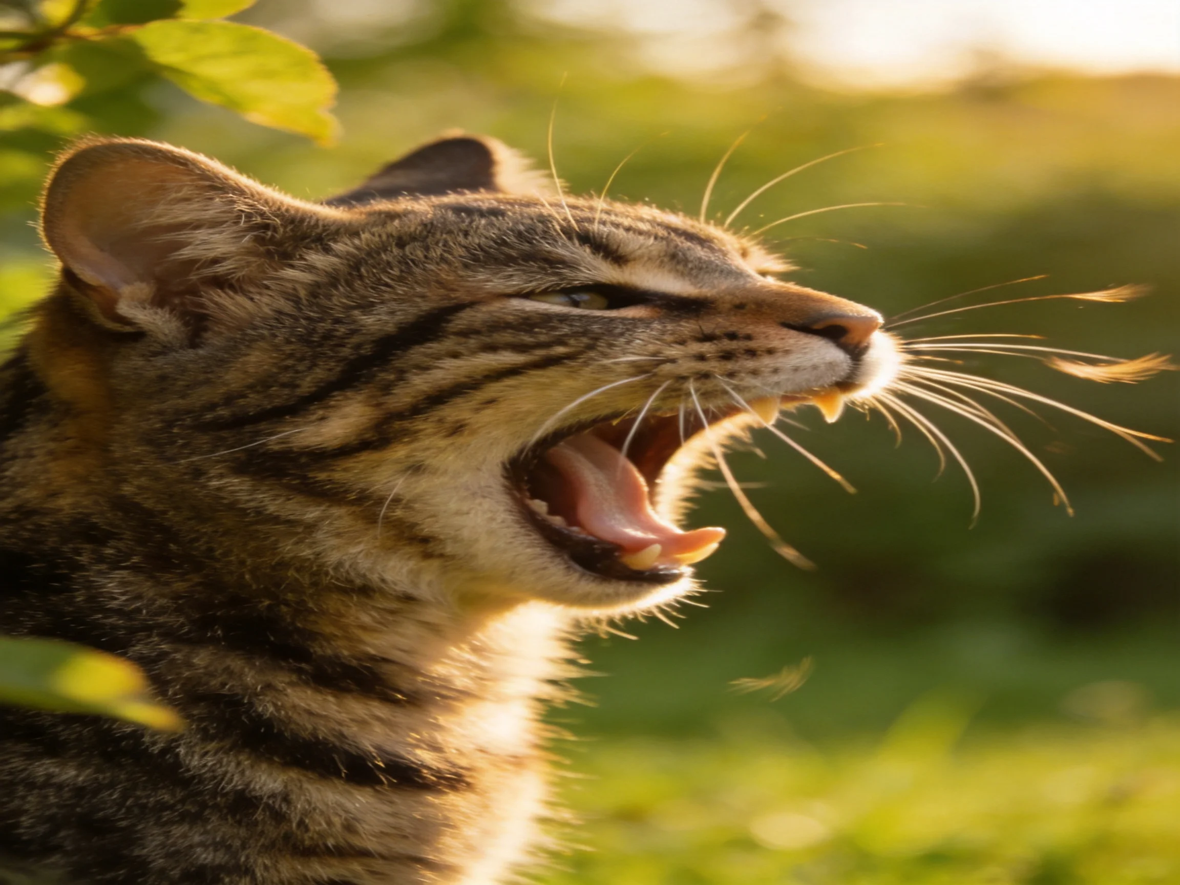 A tabby cat yawns in a sunlit, green outdoor environment.