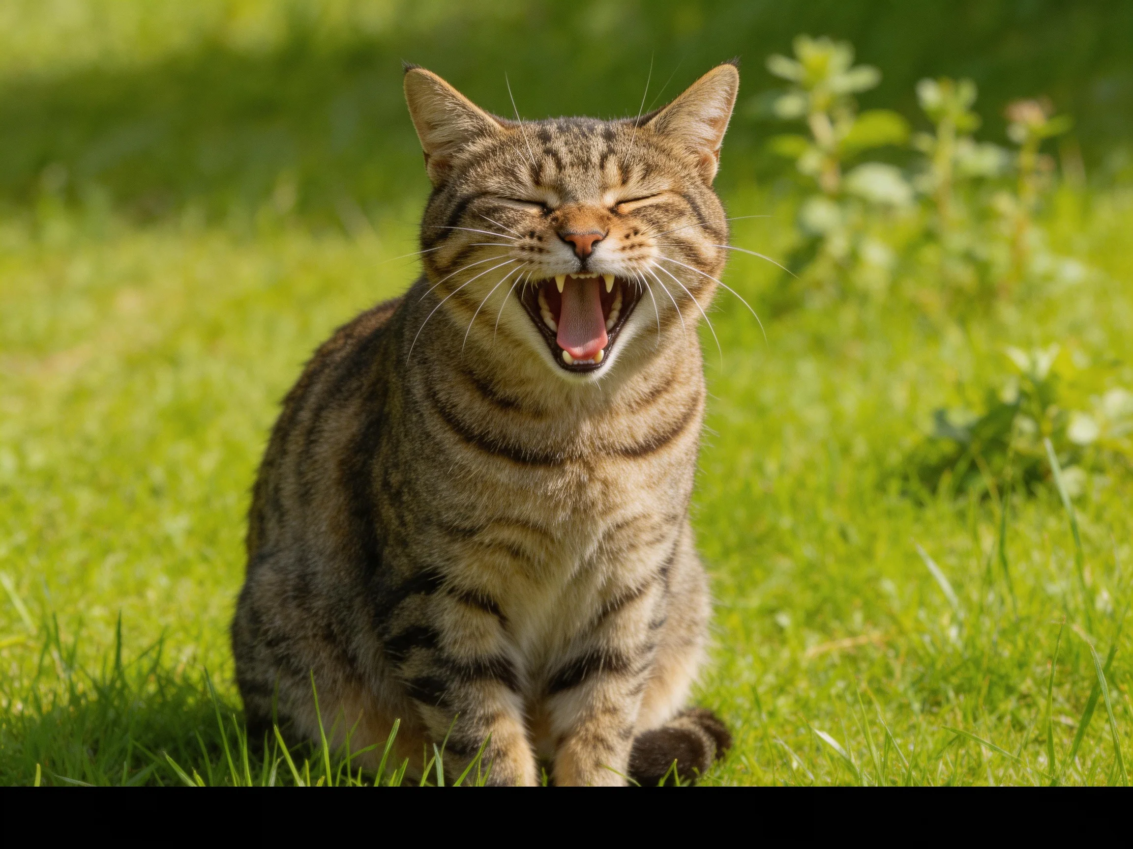 A tabby cat yawns happily on green grass.