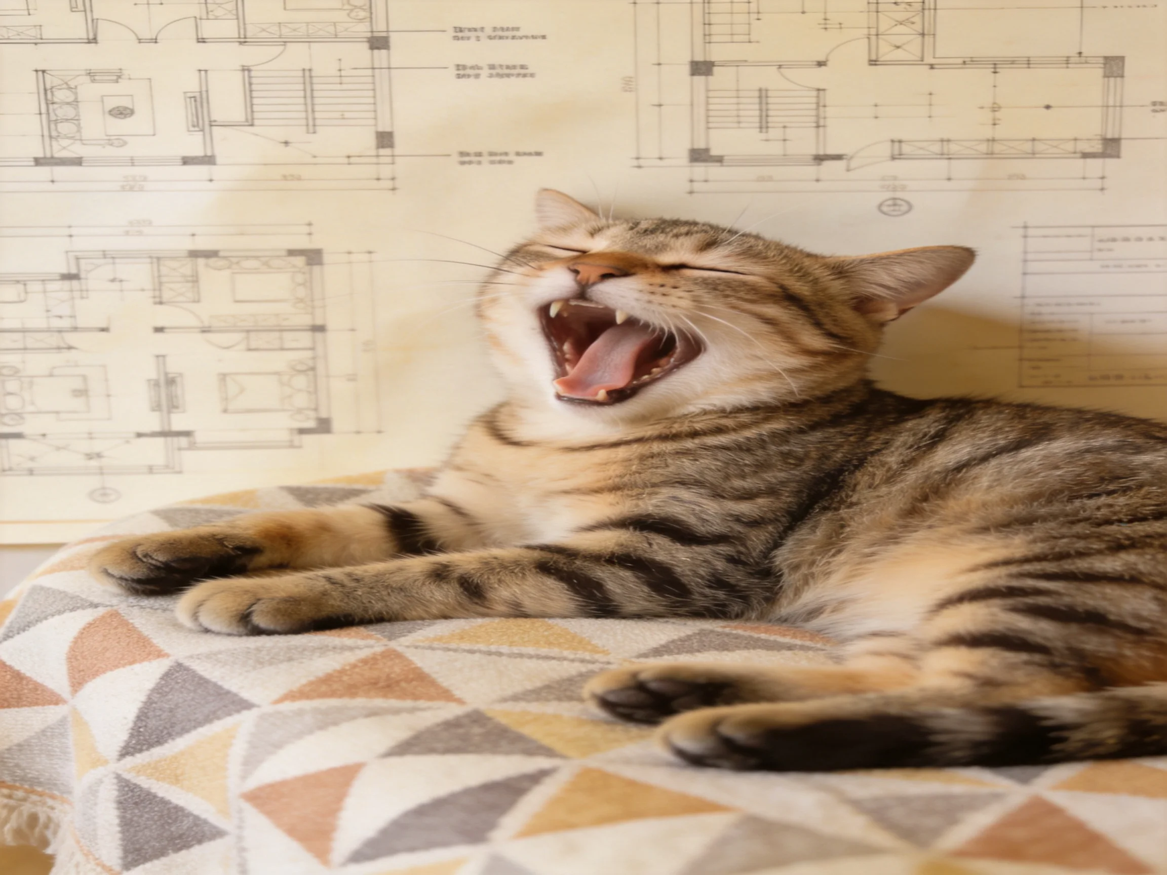 A tabby cat yawning on a geometric-patterned cushion near architectural blueprints