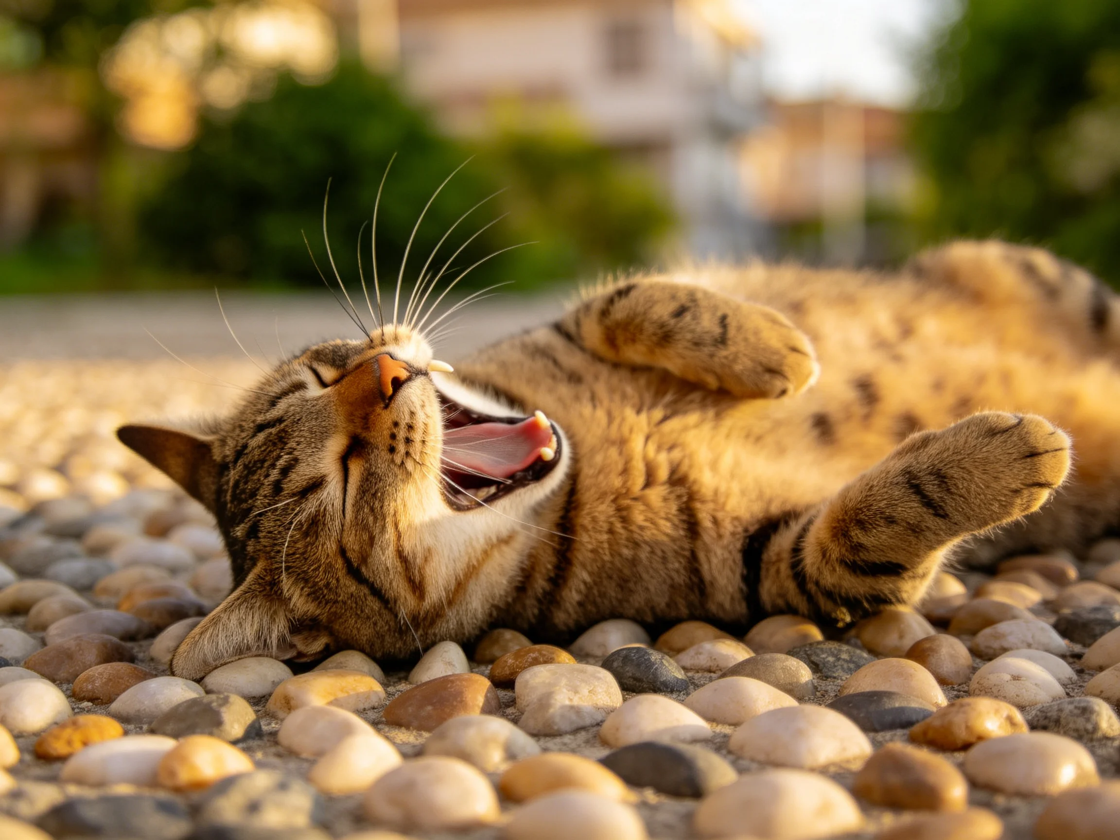 A tabby cat yawning on a pebbled surface in bright sunlight
