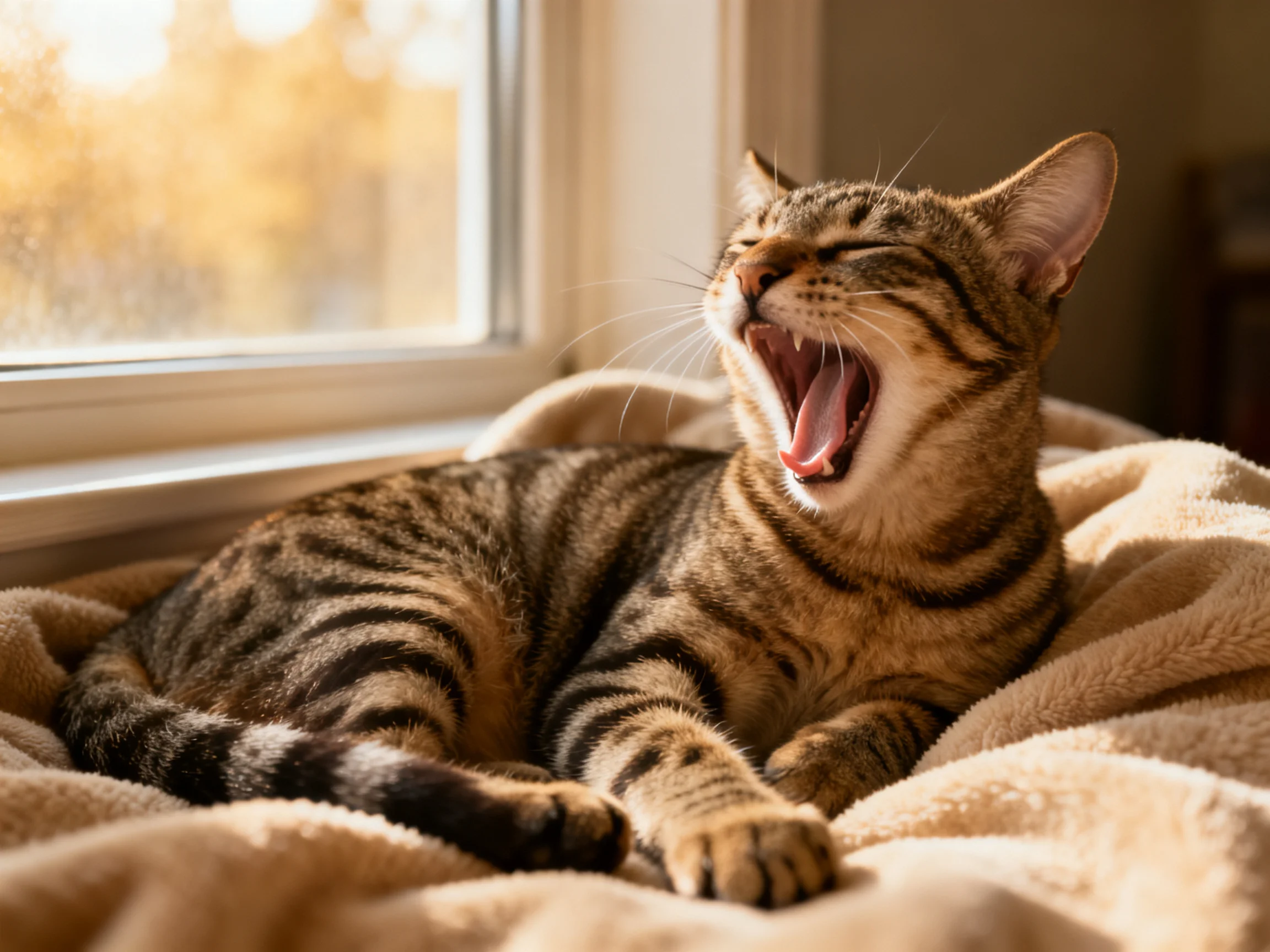 A tabby cat yawns while resting on a soft blanket near a sunlit window.