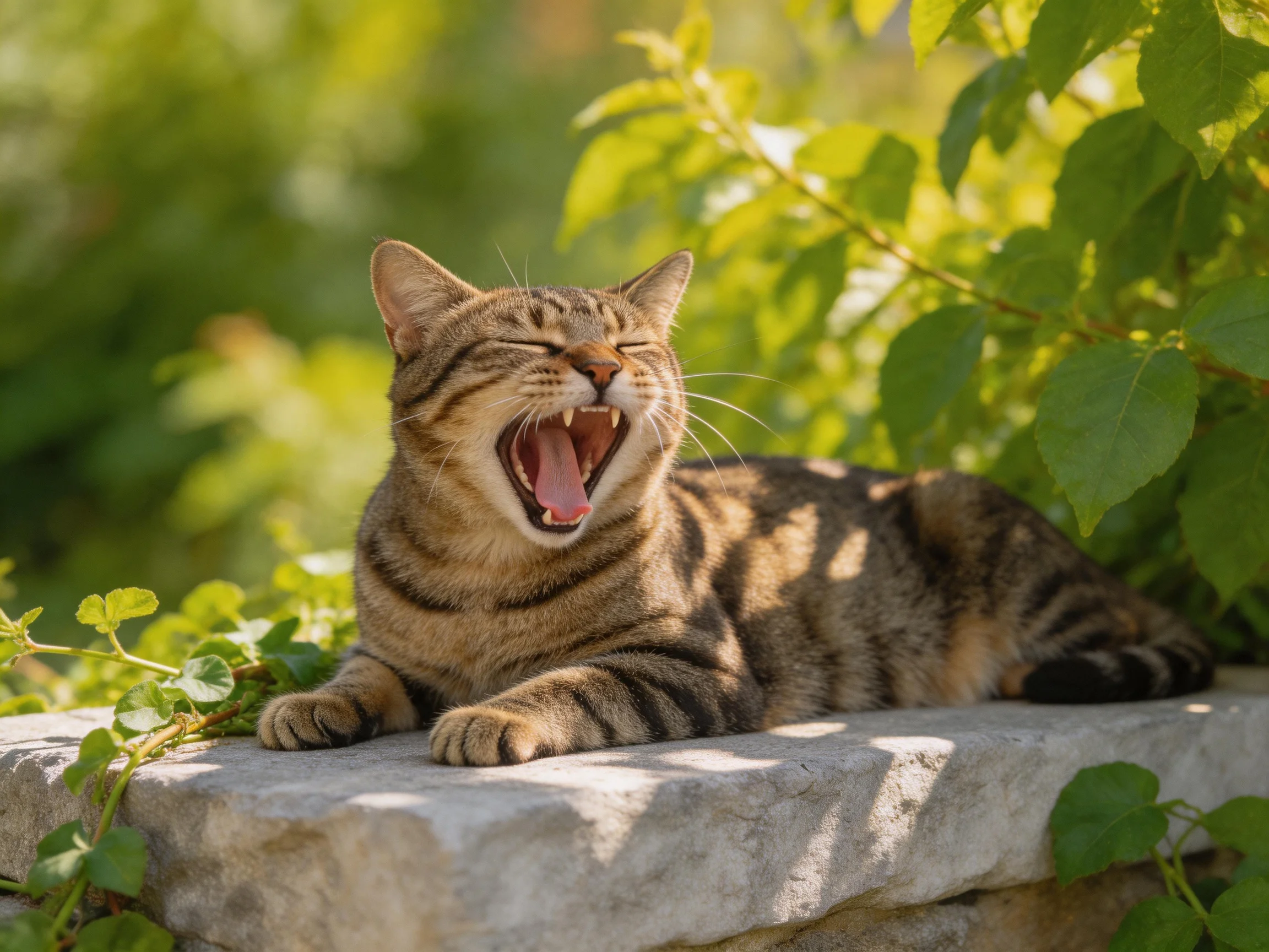 A tabby cat yawns while resting on a stone ledge surrounded by green plants.