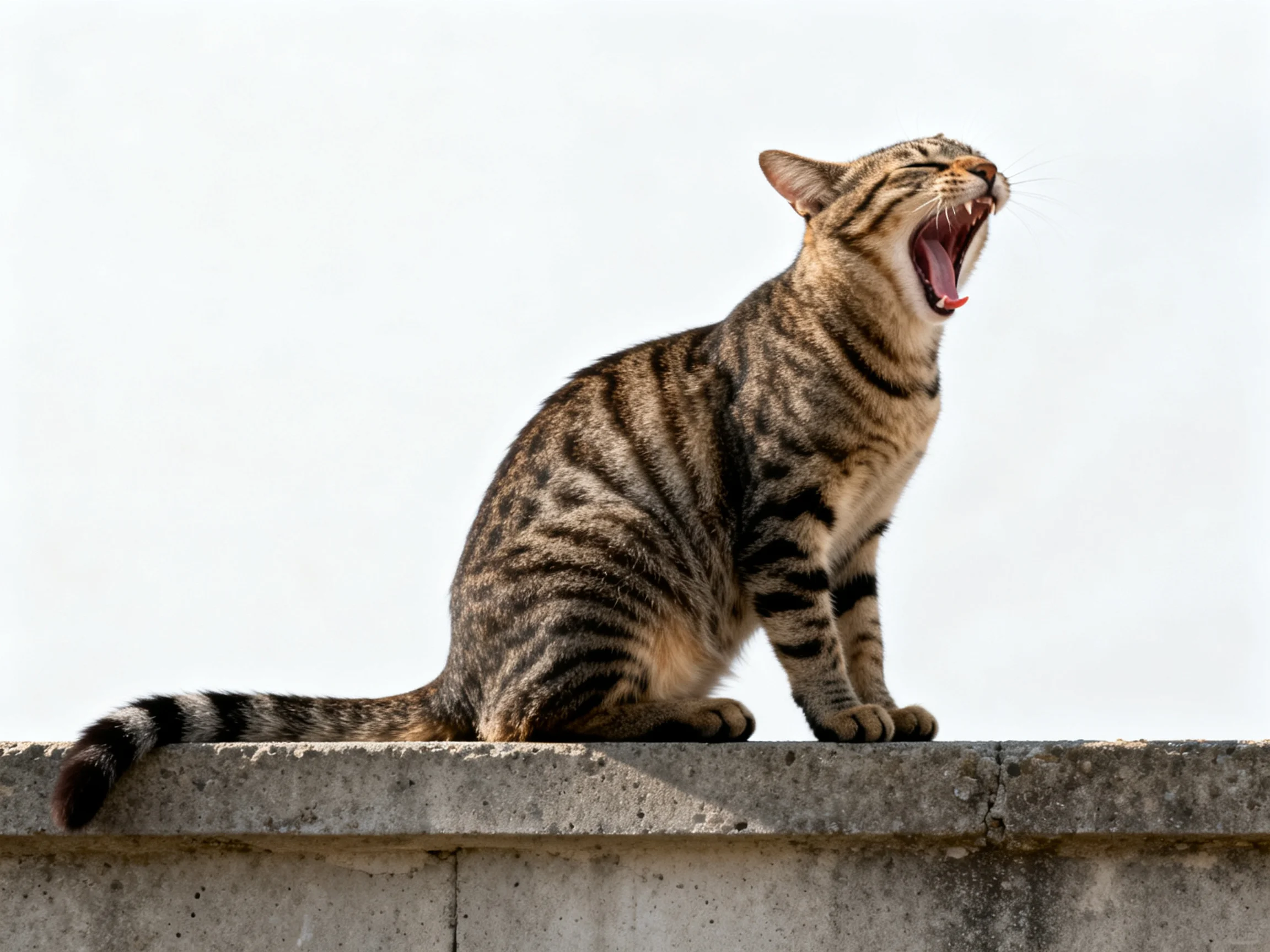 A tabby cat yawning on a weathered concrete ledge