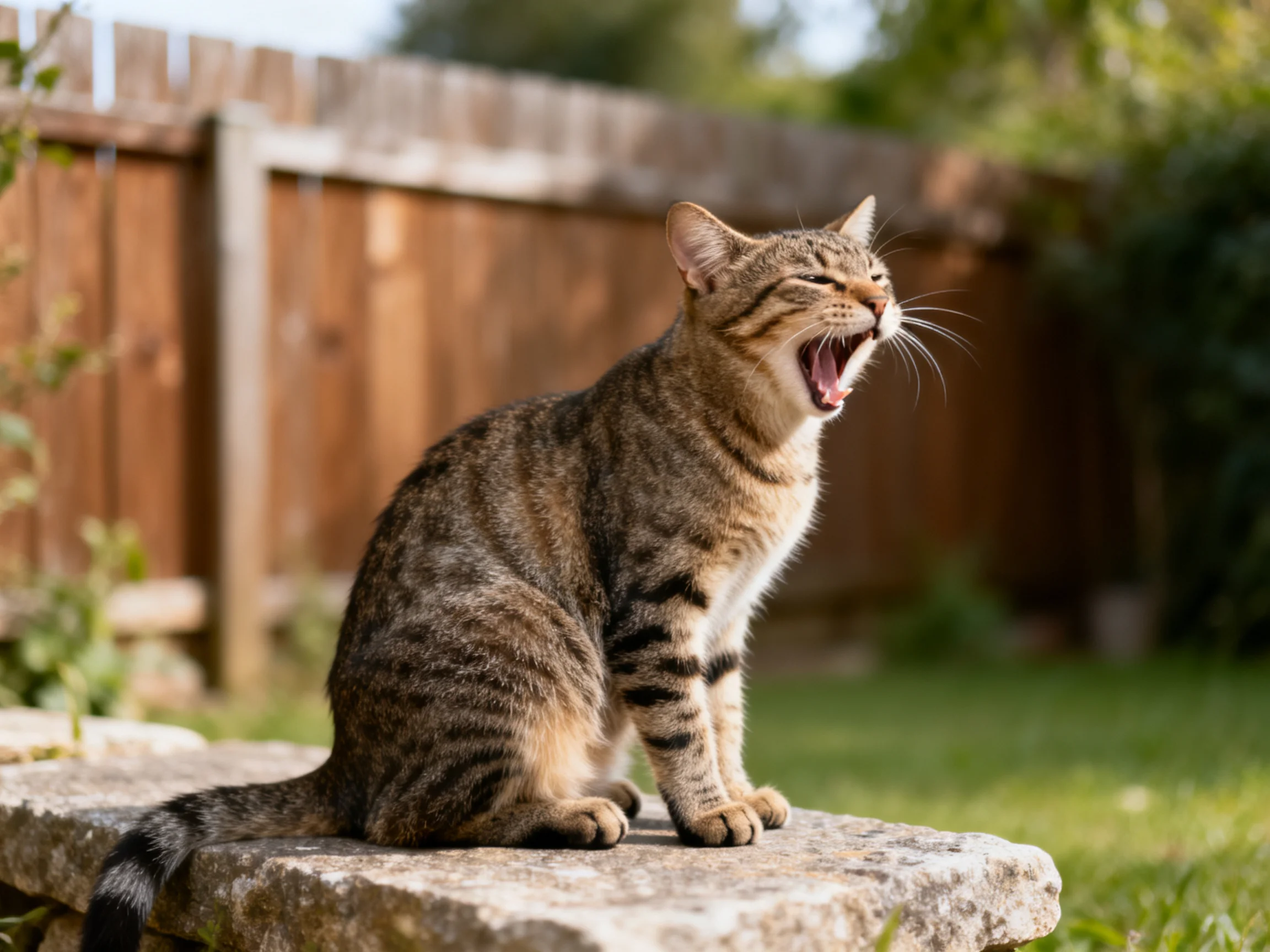A tabby cat yawning on a weathered stone ledge beside a wooden fence