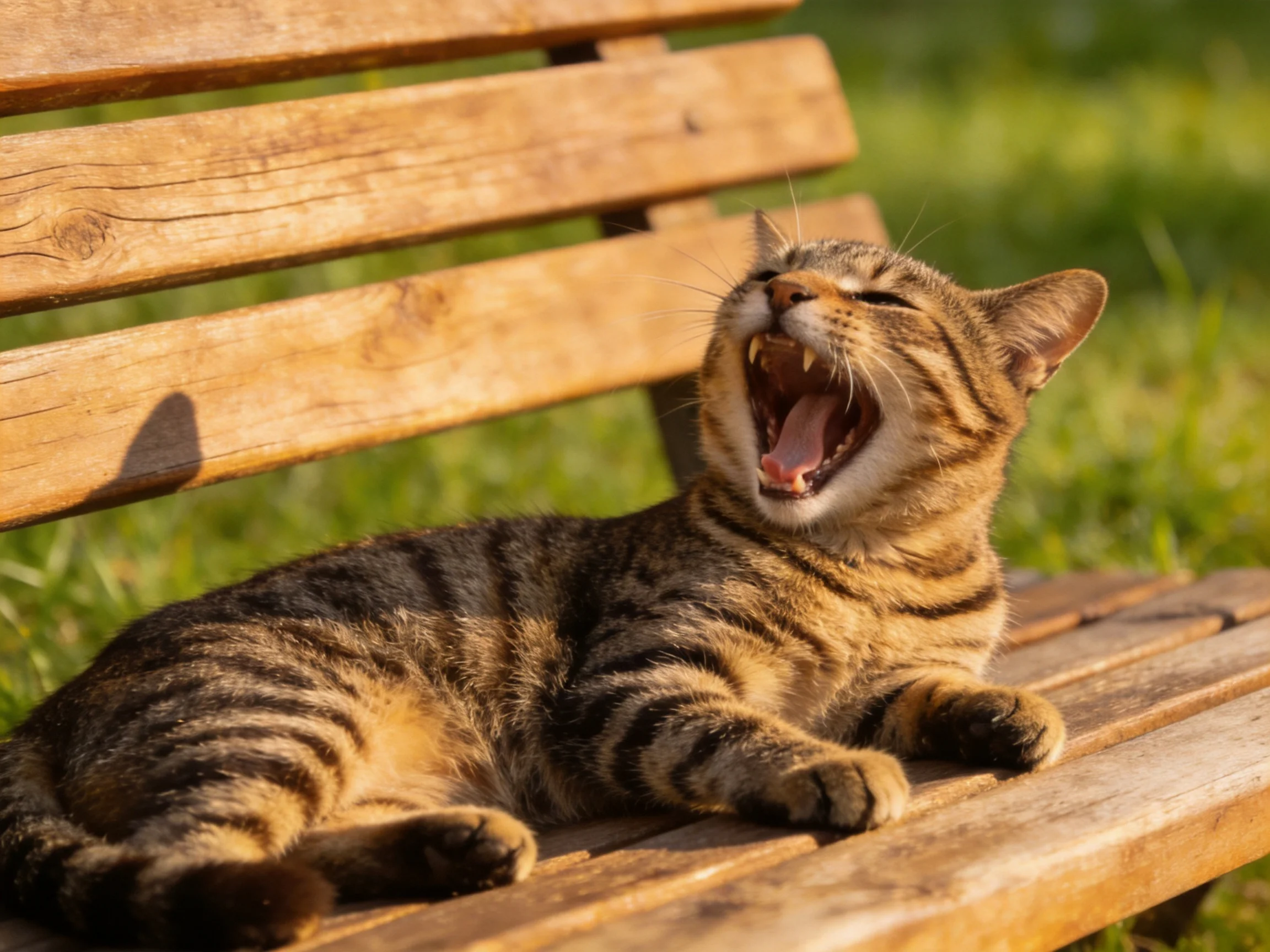 A tabby cat yawns while resting on a wooden bench in a sunlit outdoor area.