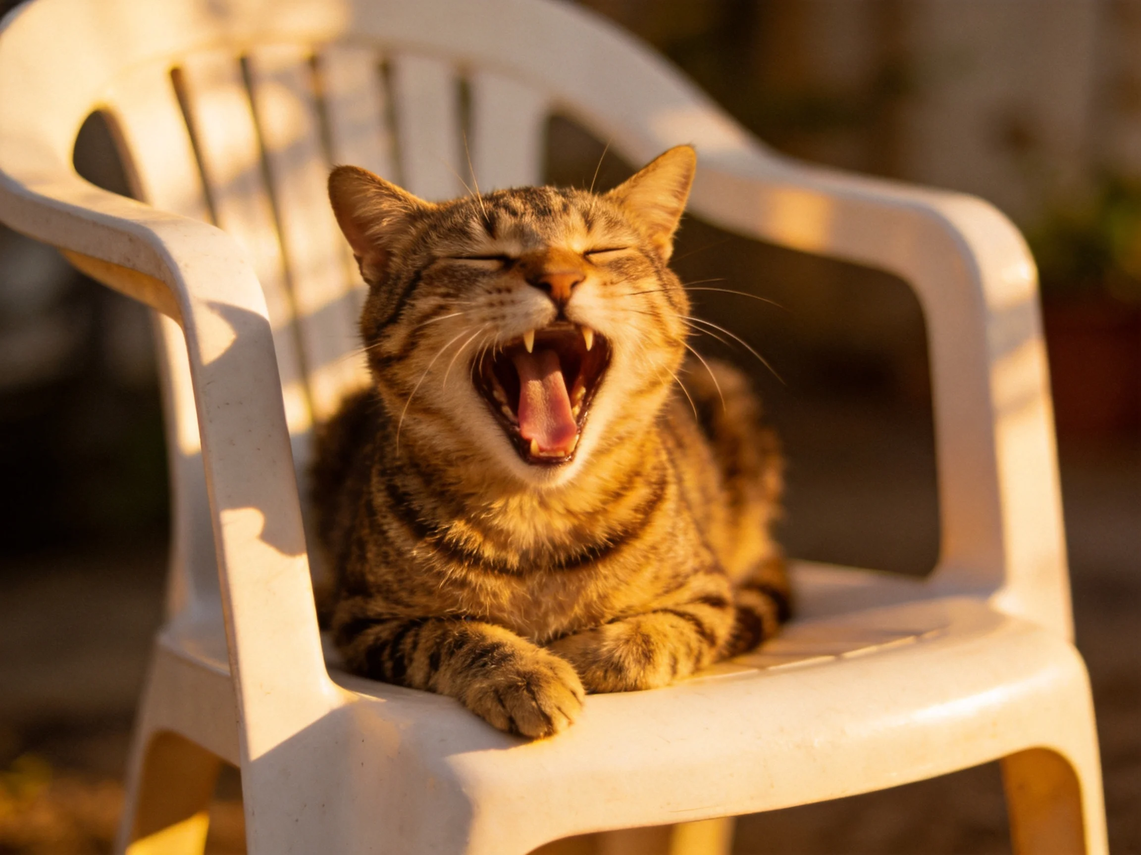 A tabby cat yawns while seated on a white plastic chair outdoors.