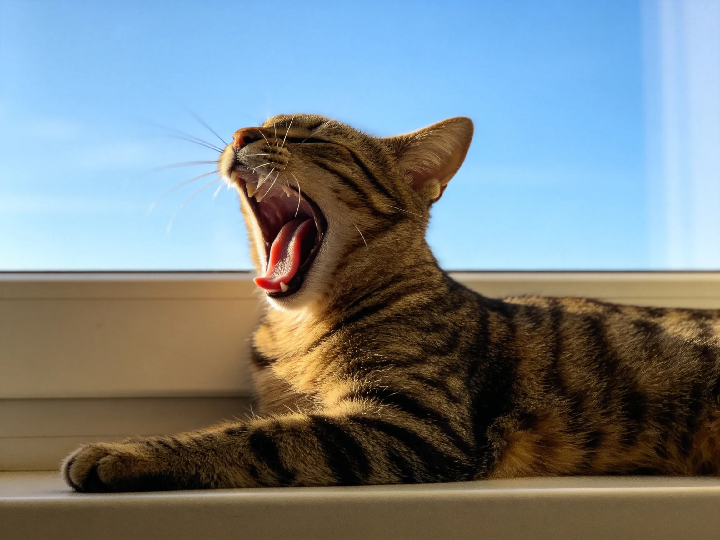 A tabby cat yawning on a windowsill with blue sky