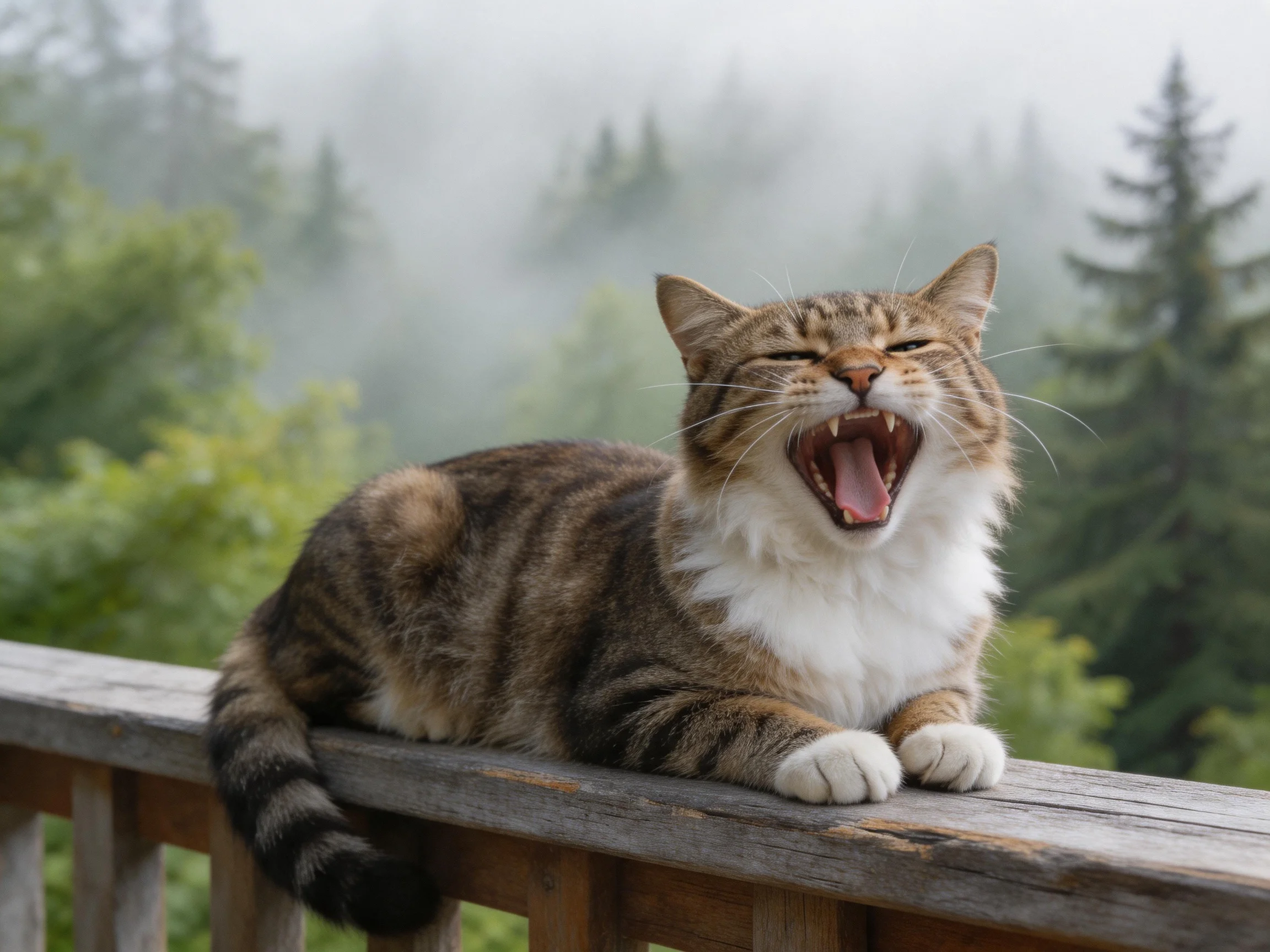 A tabby cat yawning on a wooden railing amid a misty forest