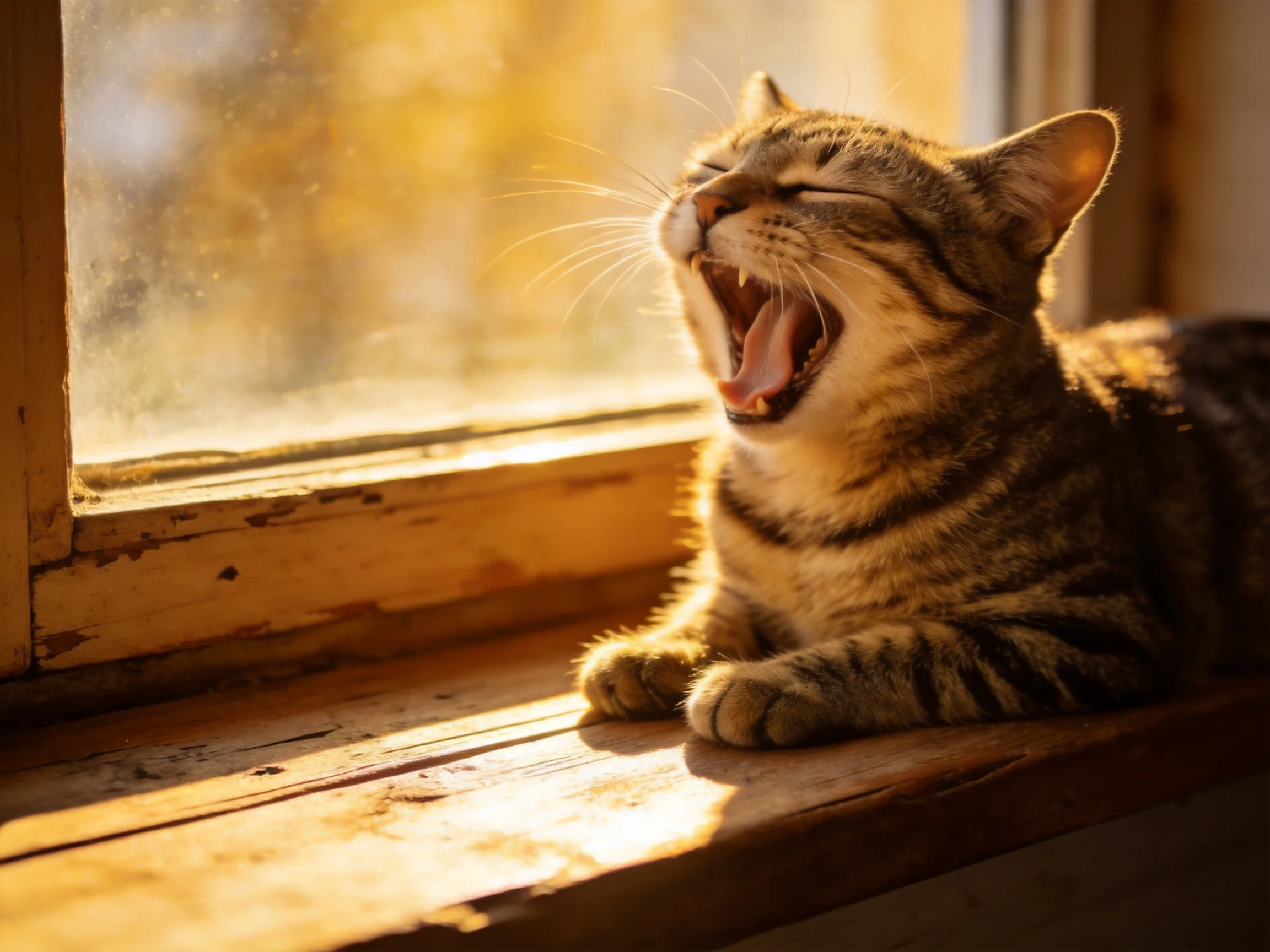 A tabby cat yawns while sitting on a wooden windowsill lit by sunlight.