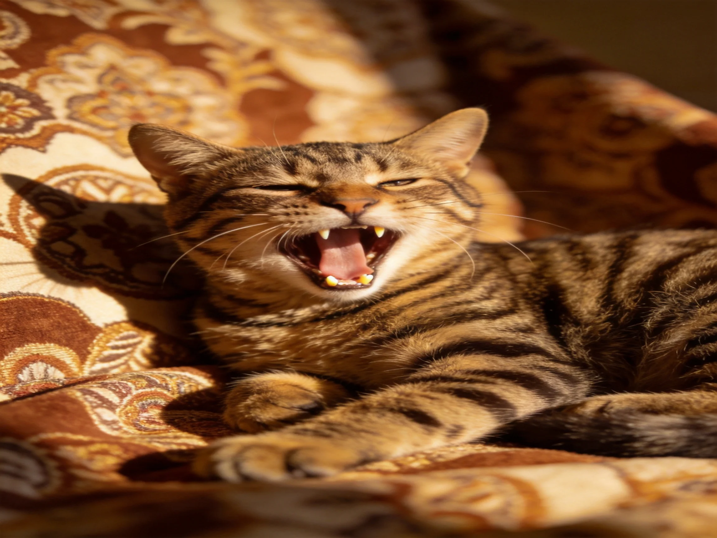 A tabby cat yawning on an ornately patterned brown cushion