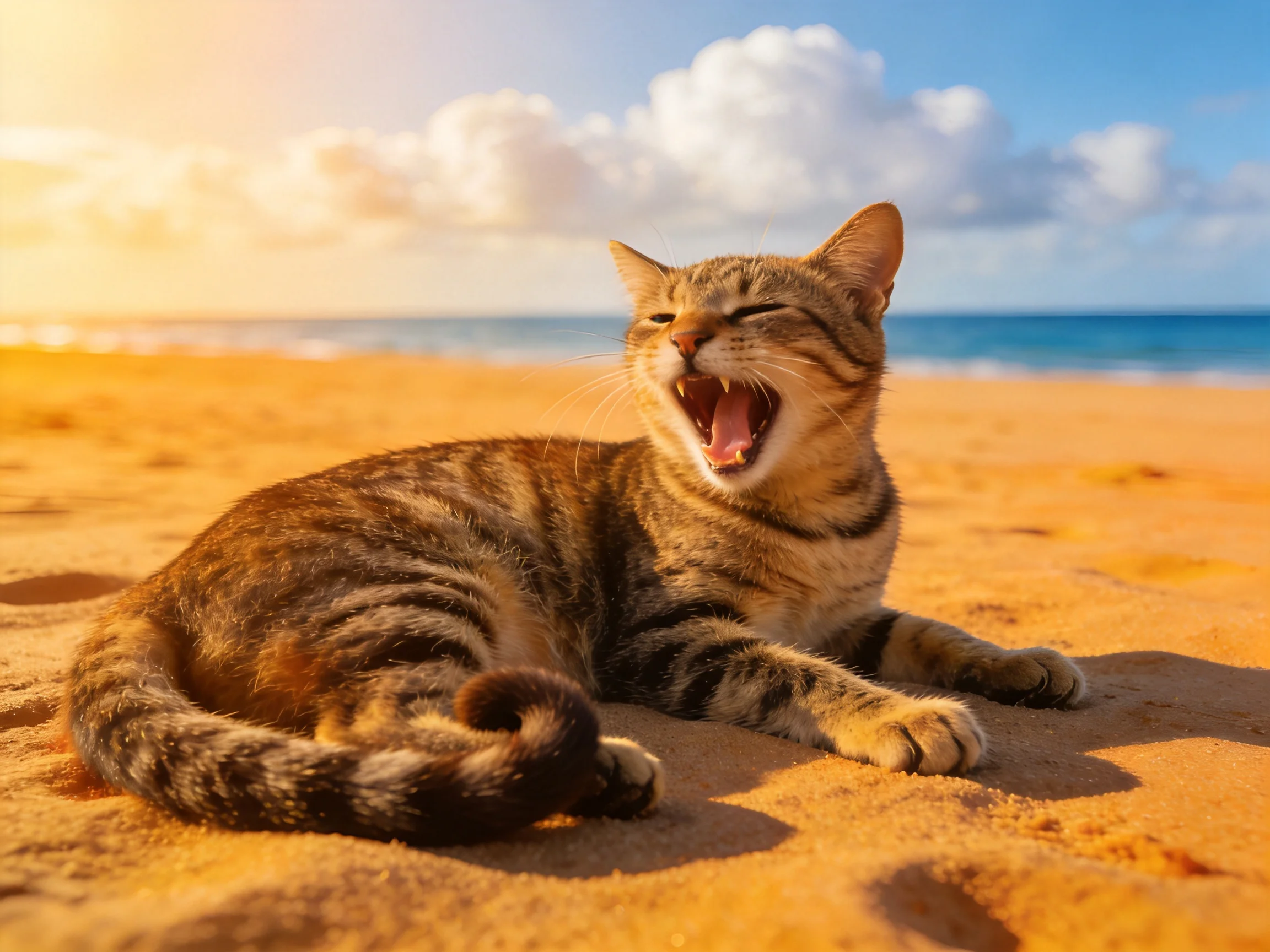 A tabby cat yawning on golden sand by the ocean shore