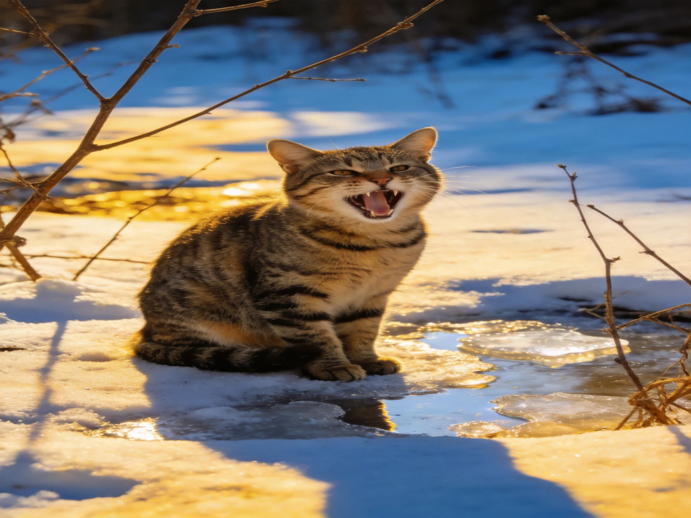 A tabby cat yawning on snow-covered ground with golden sunlight