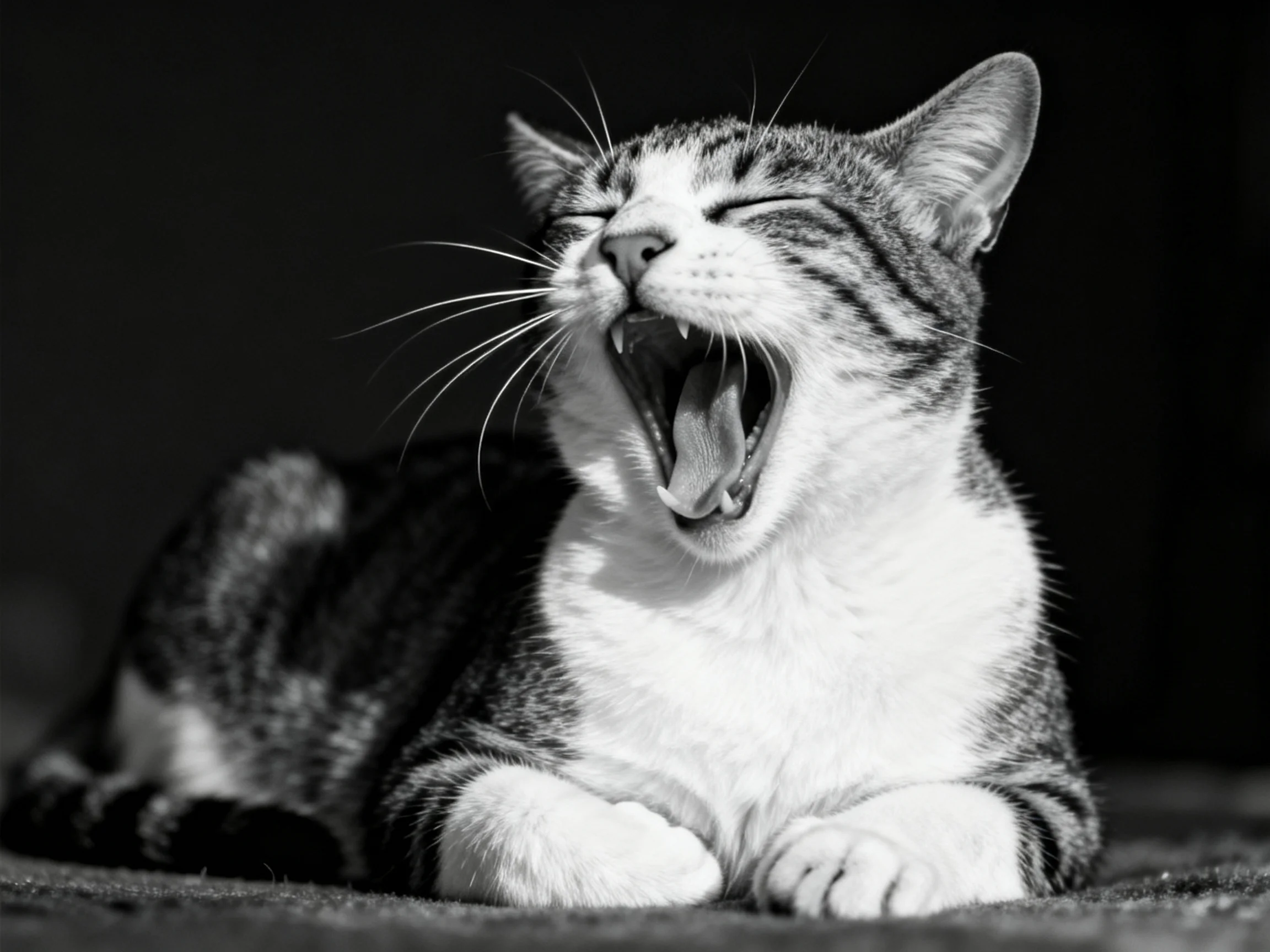 A tabby cat yawning widely against a dark backdrop