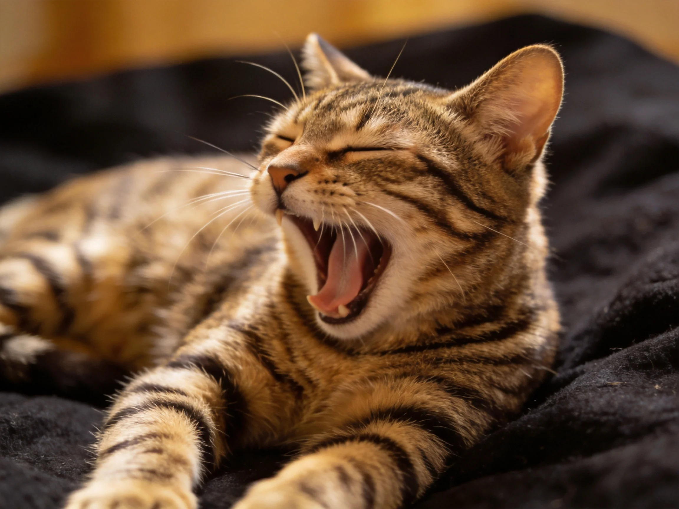 A tabby cat yawning widely on a dark fabric surface