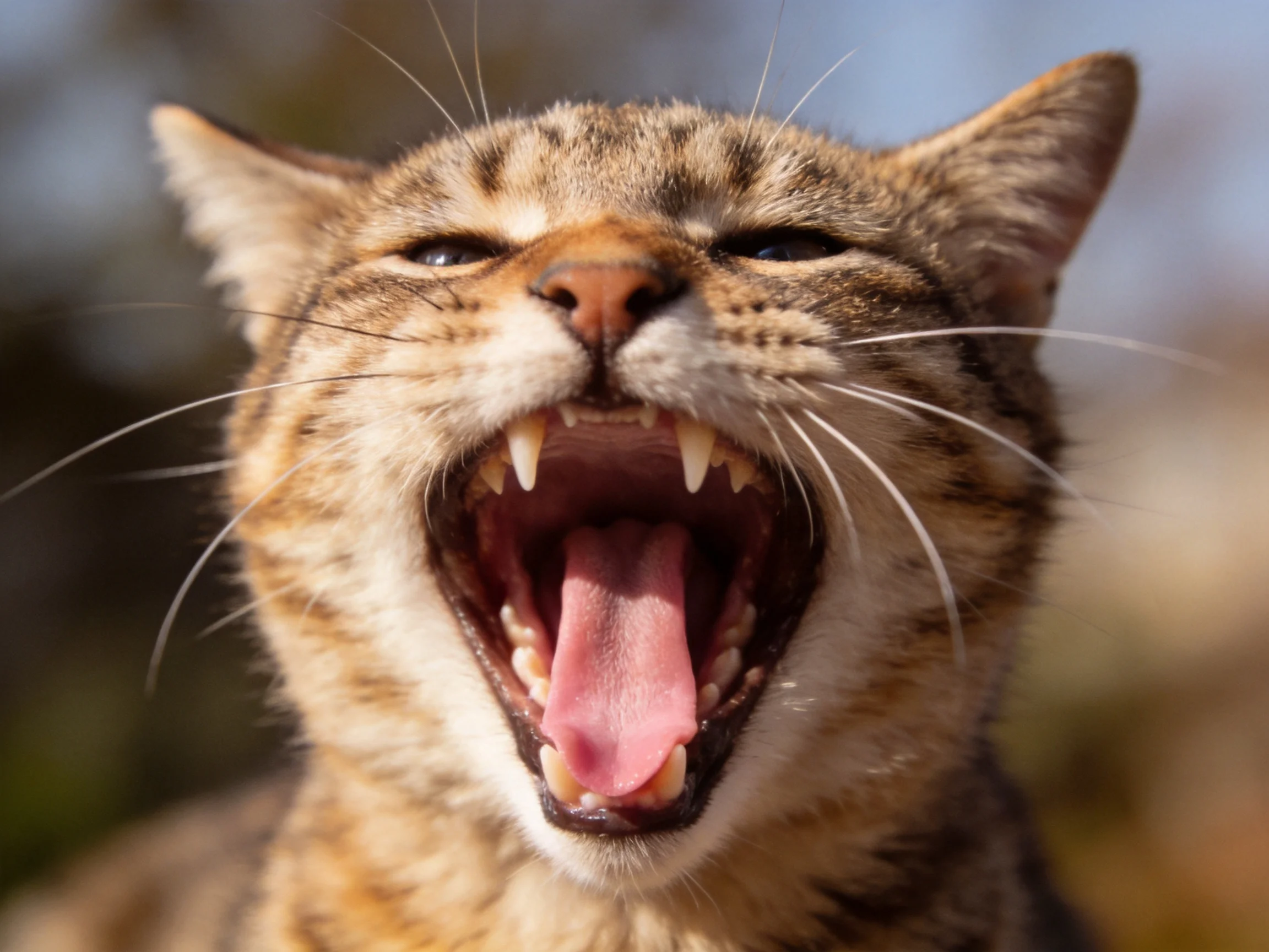 A tabby cat yawning widely outdoors, mouth open showing teeth