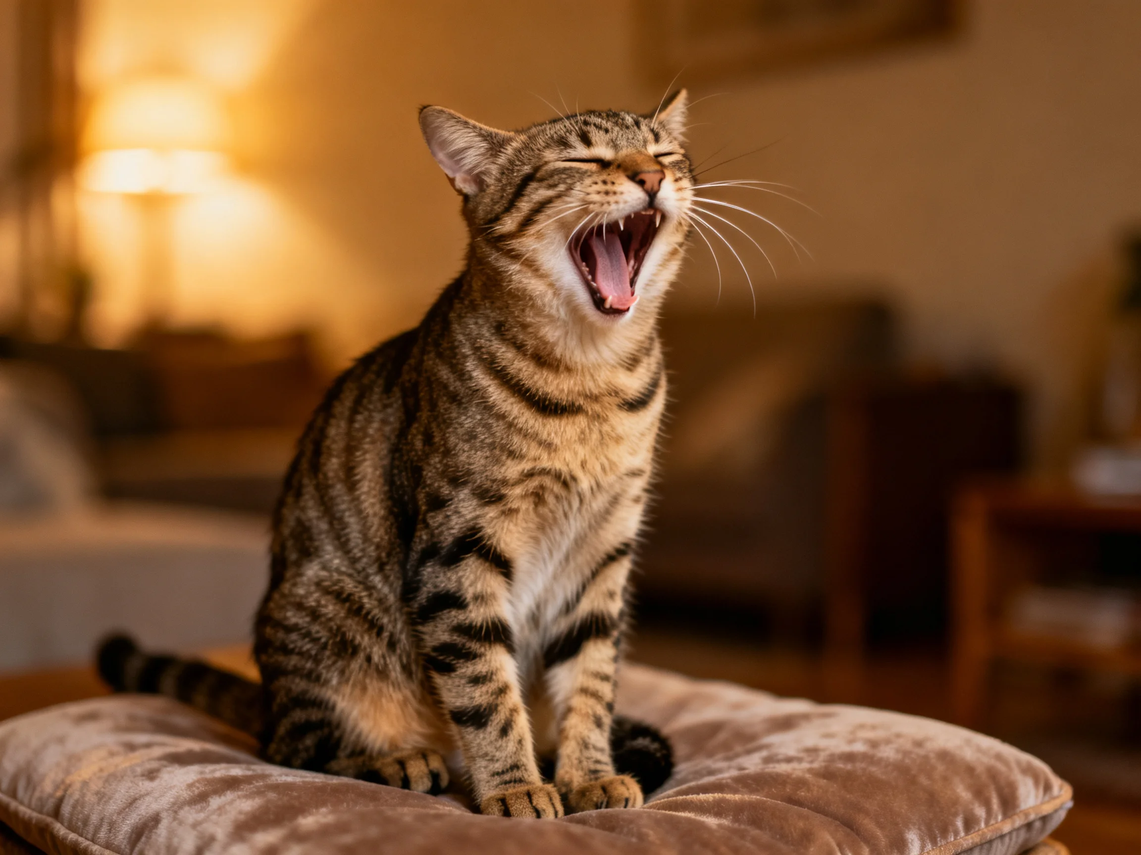 A tabby cat yawns on a plush cushion in a warmly lit living room