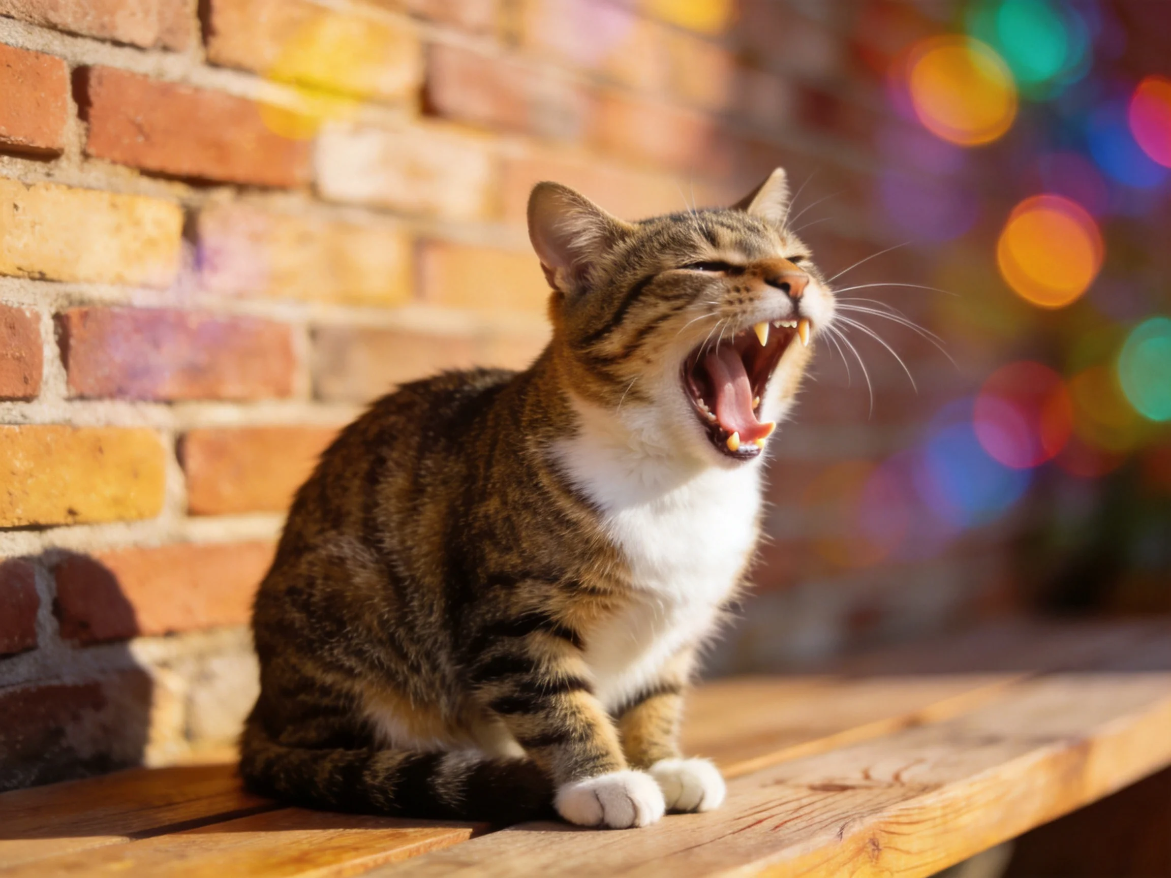 A tabby cat yawns on a wooden bench by a brick wall with colorful blurred lights