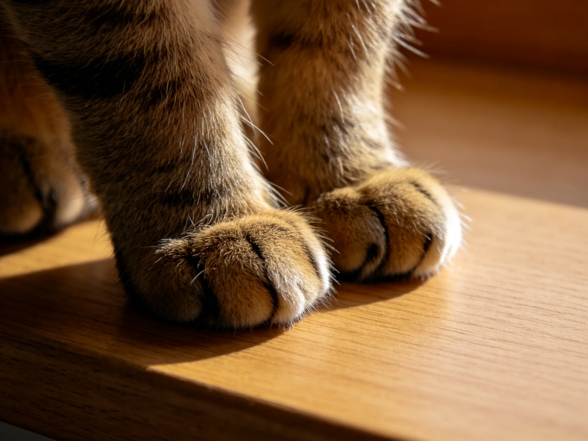 A tabby cat’s striped paws rest on a wooden surface