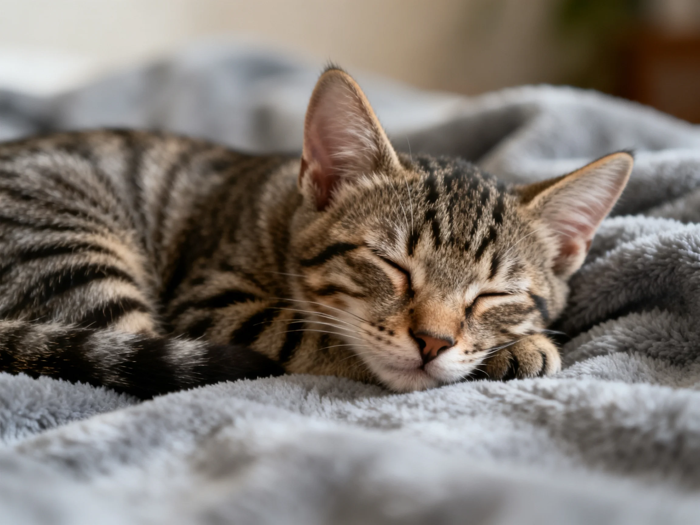 A tabby kitten curls up asleep on a plush gray blanket