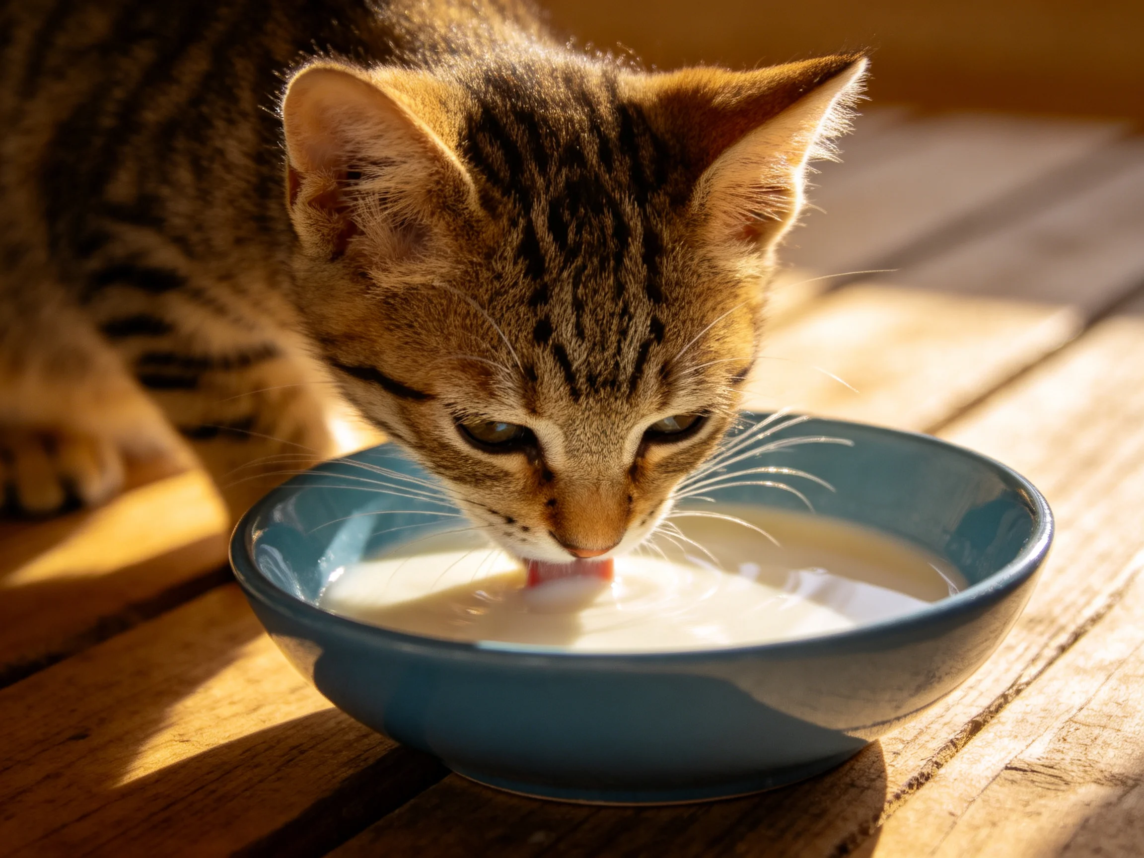 A tabby kitten drinks milk from a blue bowl on a wooden surface