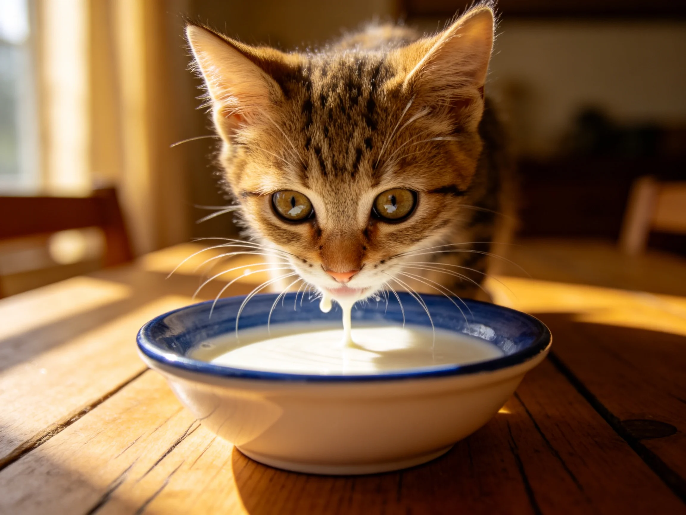 A tabby kitten drinks milk from a blue-rimmed bowl on a wooden table