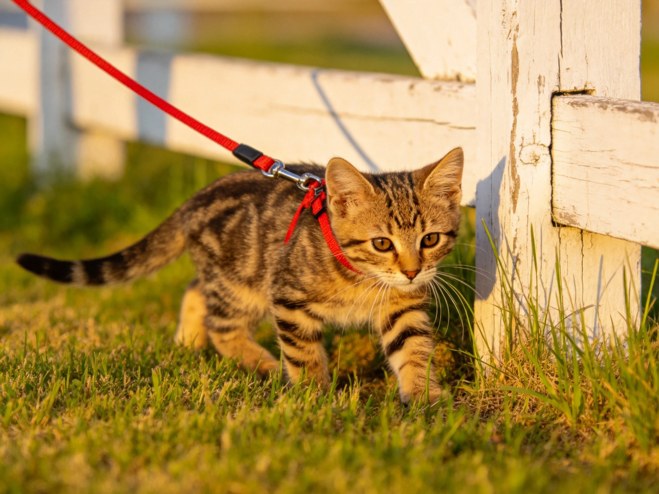 A tabby kitten explores near a white wooden fence with a red leash
