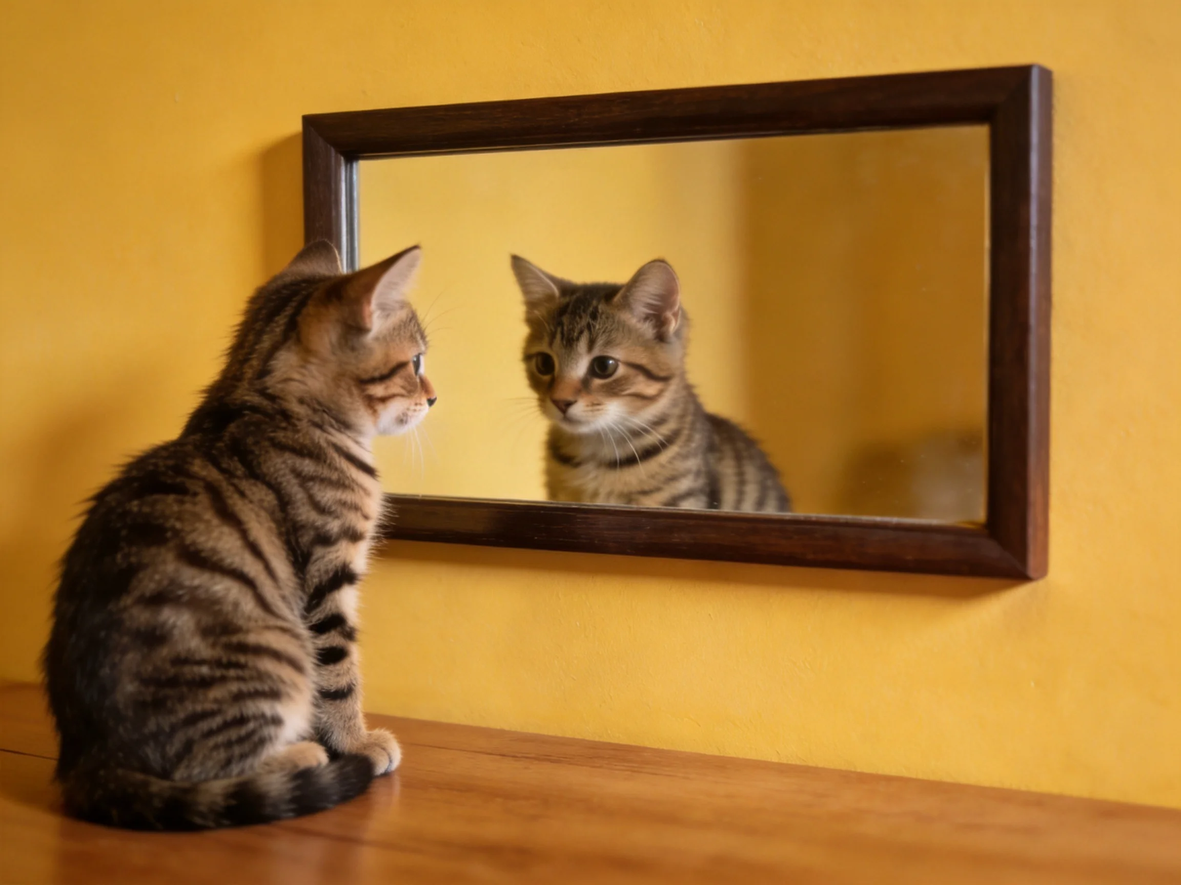 A tabby kitten watches its reflection in a mirror on a yellow wall