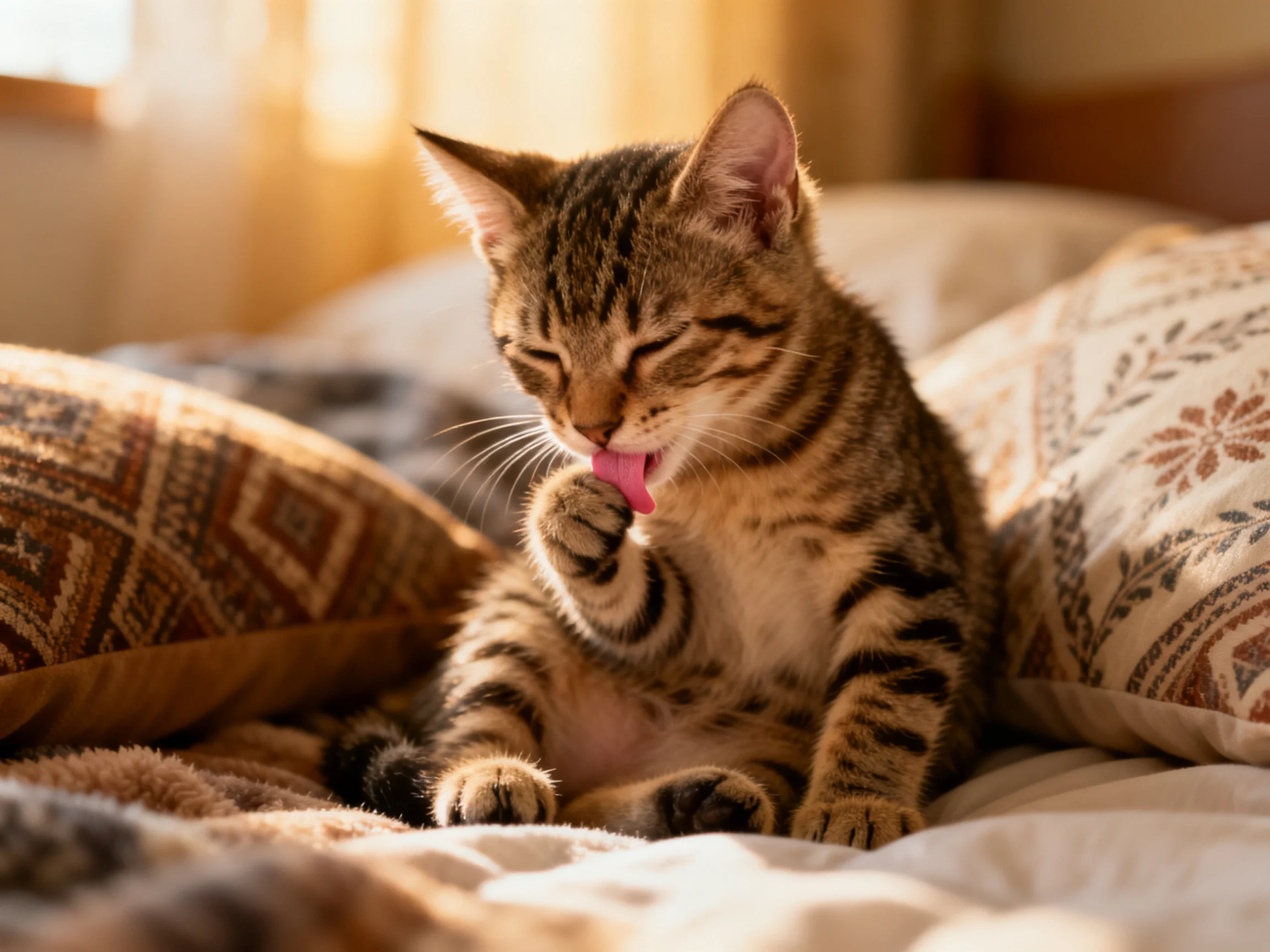A tabby kitten grooms itself on a bed with patterned pillows