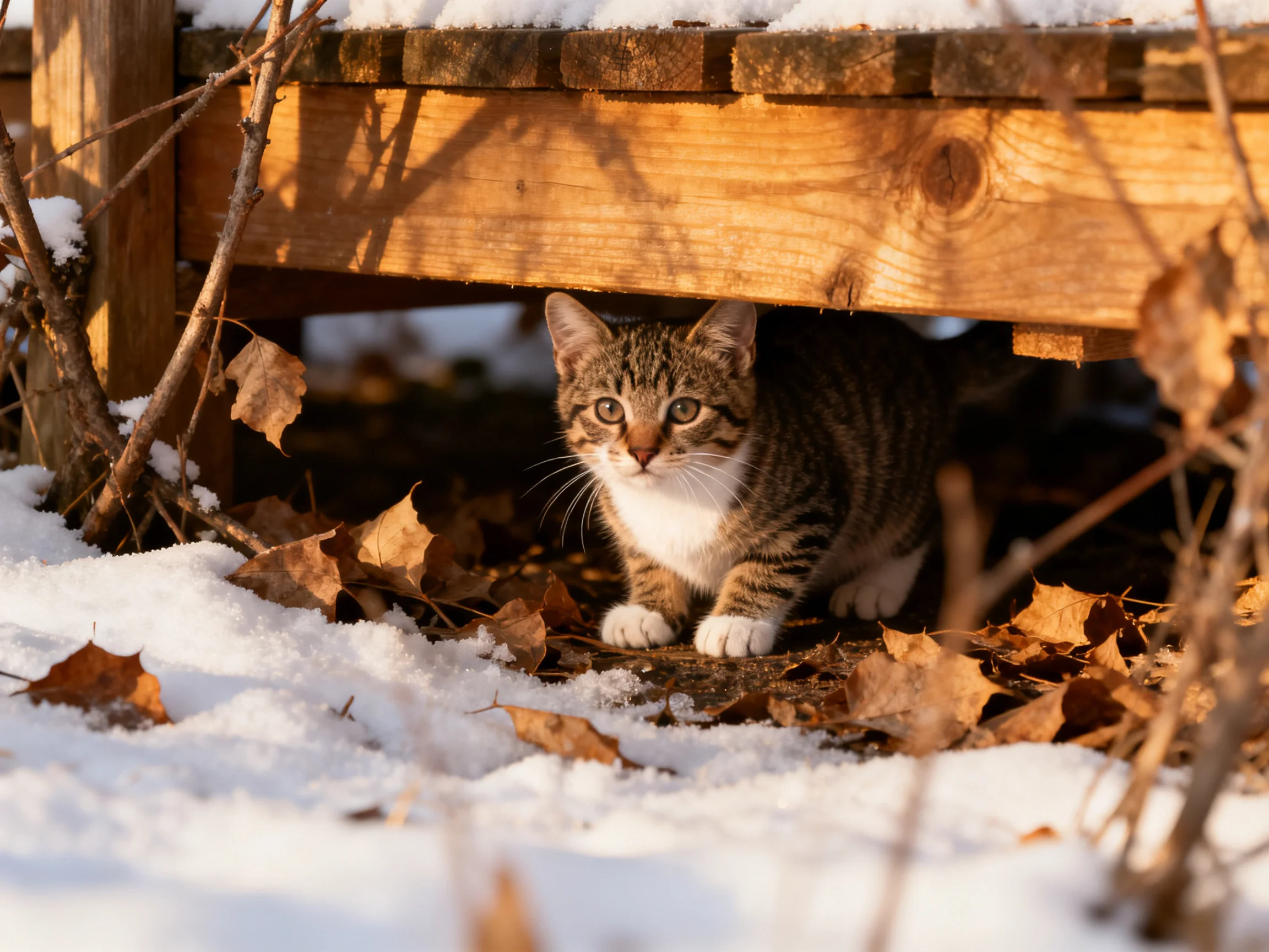 A tabby kitten hides under a wooden structure amid snow and autumn leaves
