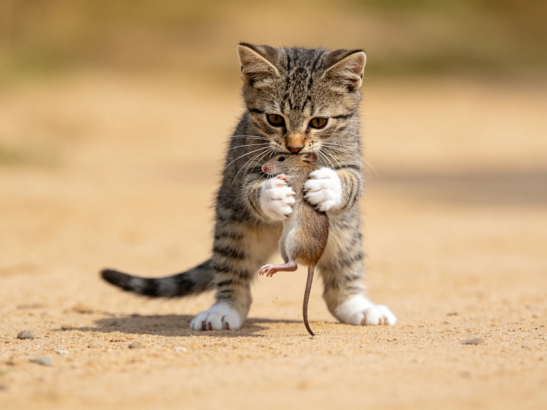 A young tabby kitten holds a small mouse on sandy terrain.