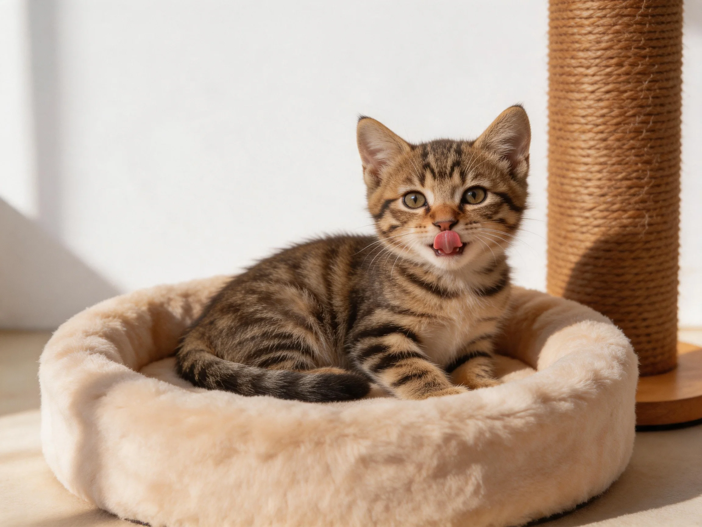 A tabby kitten lounges in a plush bed near a brown scratching post