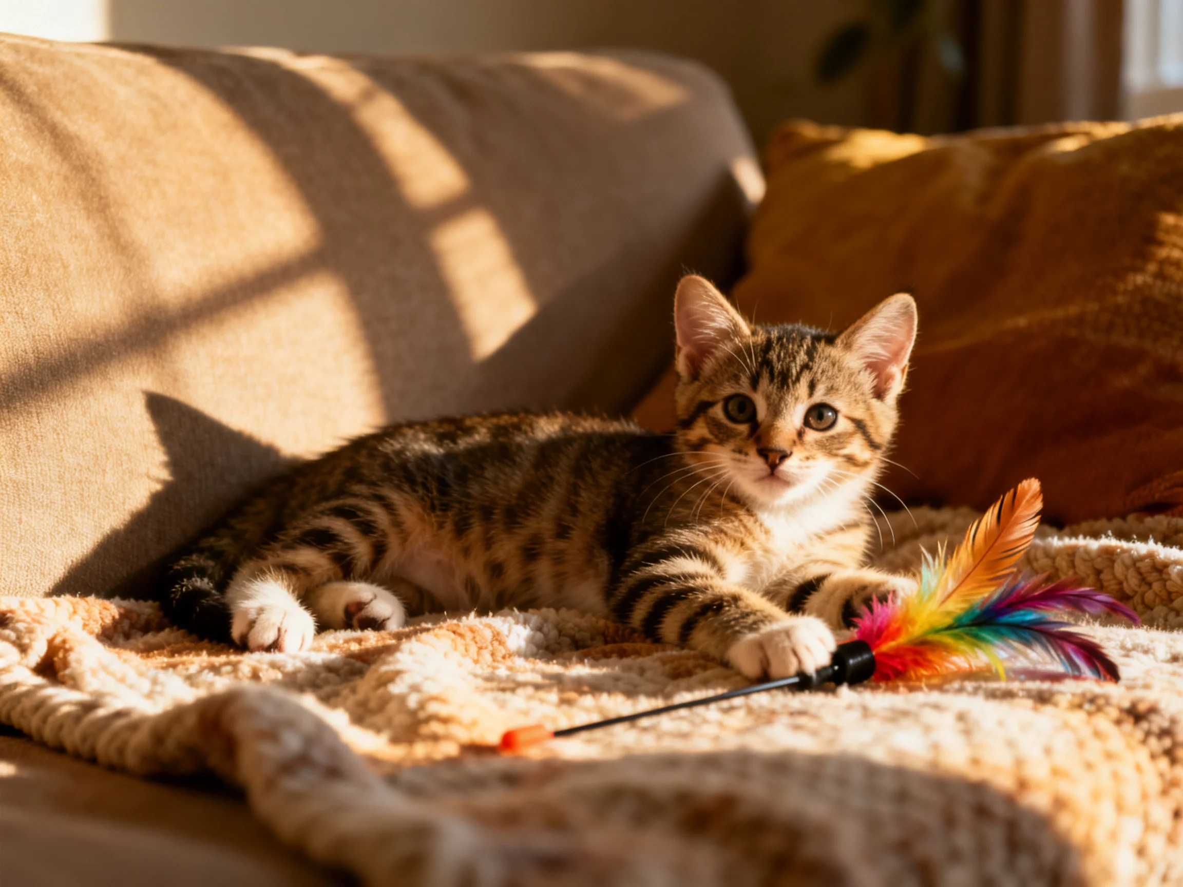 A tabby kitten lounges on a beige couch with colorful feather toys
